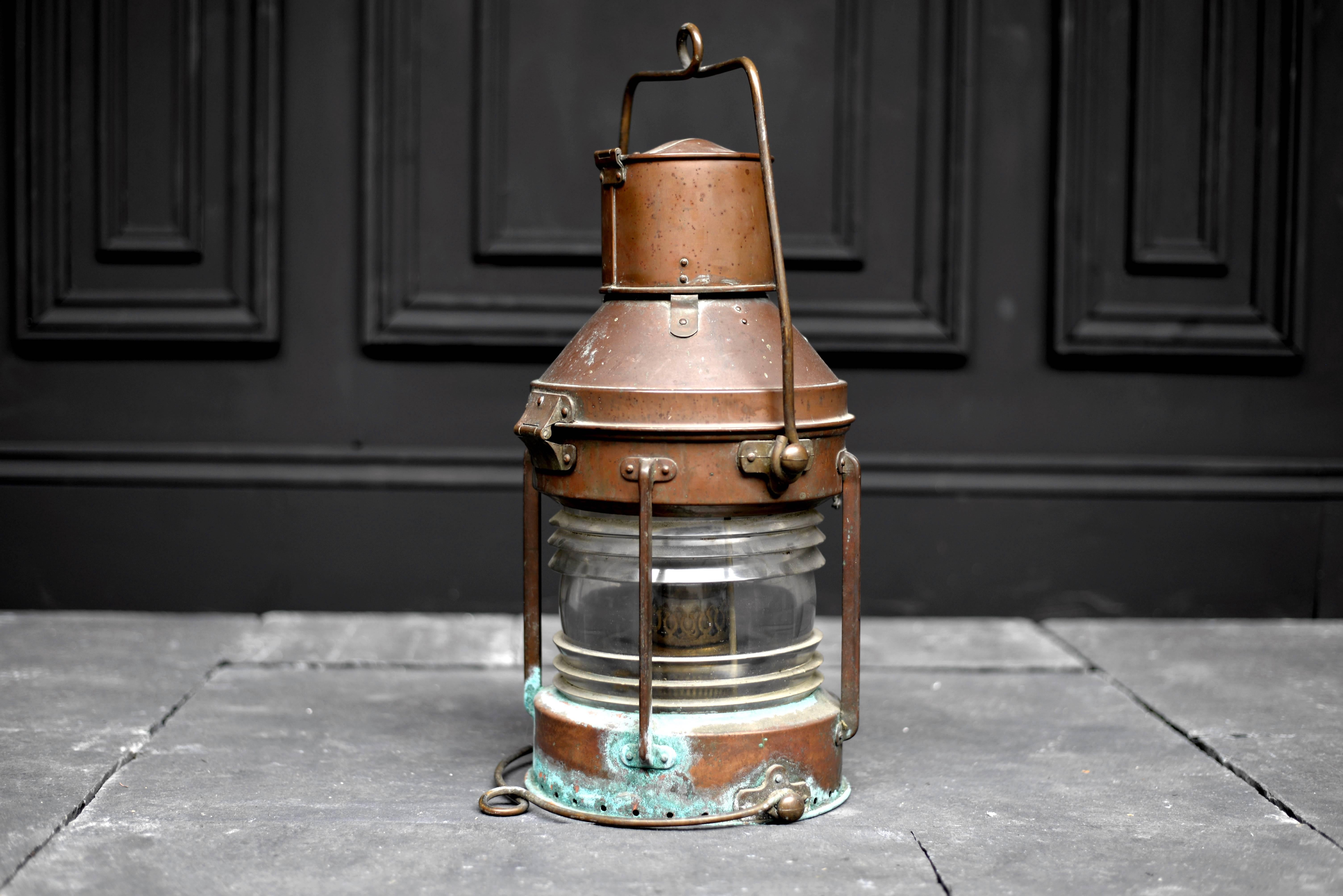 Salvaged Anchor Ship Lantern, circa 1900, Oil Burning Copper Lantern In Distressed Condition For Sale In London, GB