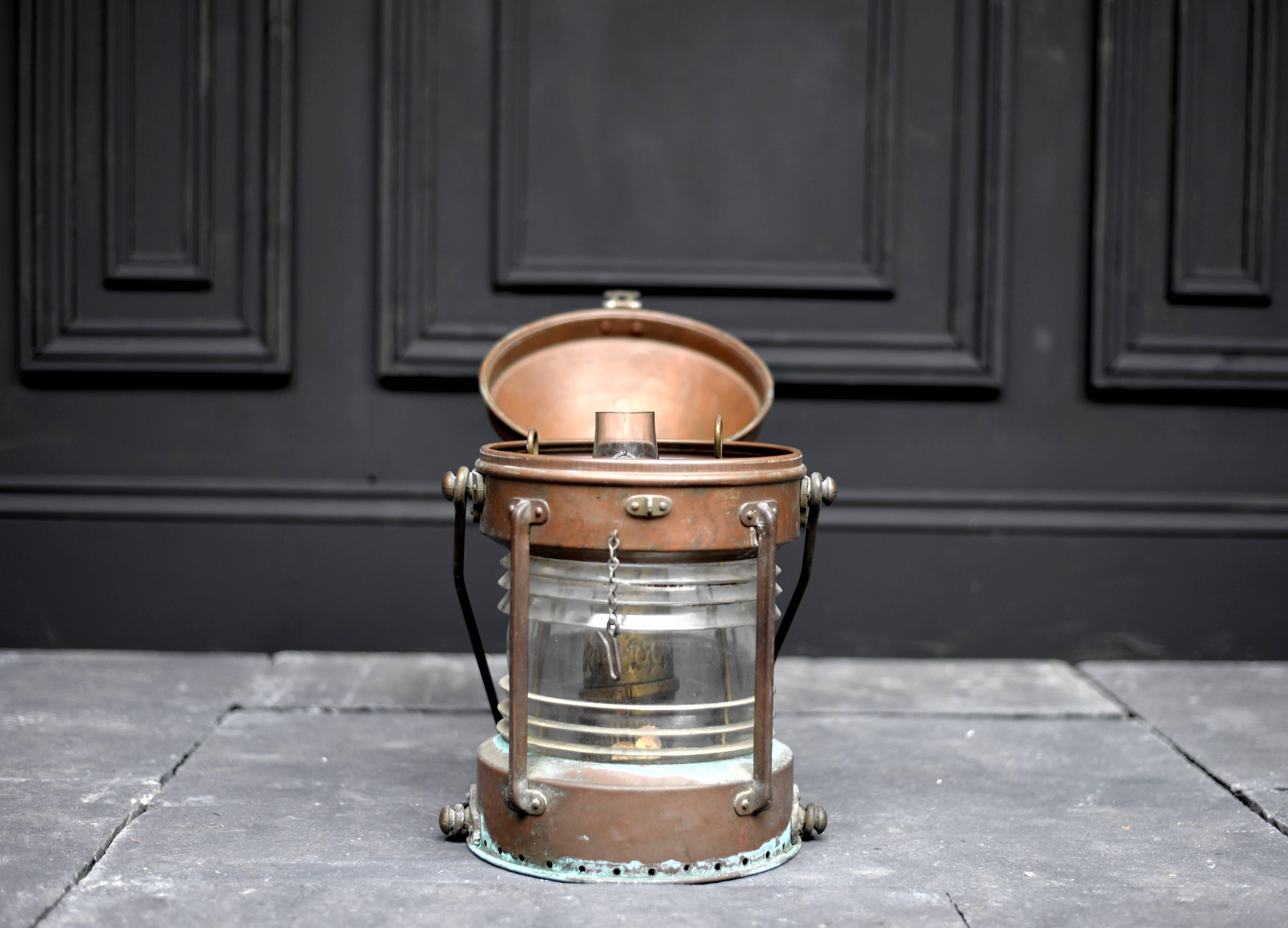 20th Century Salvaged Anchor Ship Lantern, circa 1900, Oil Burning Copper Lantern For Sale