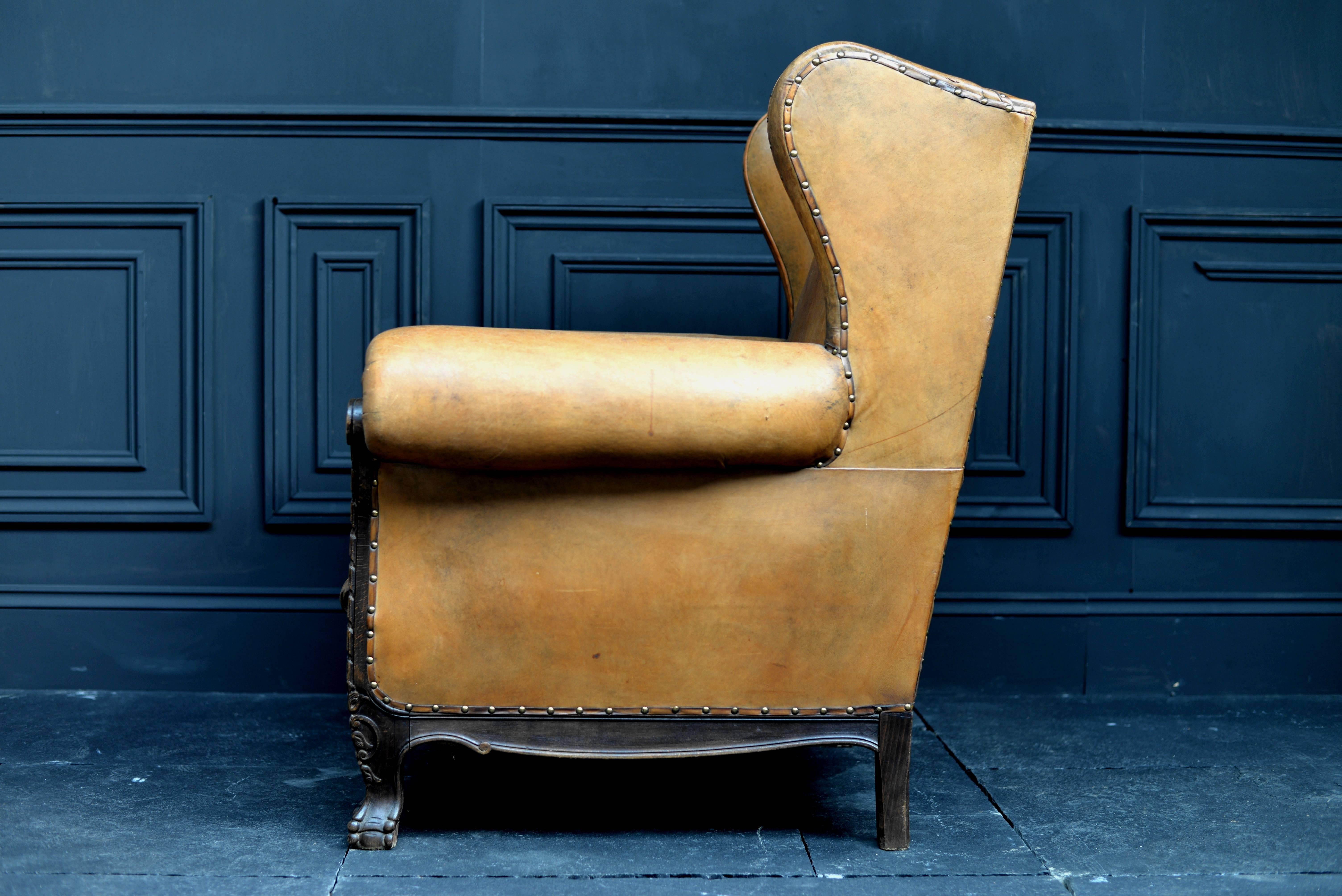 Mid-20th Century Dutch Rolled Up Armrests High Back Leather Chair For Sale 2