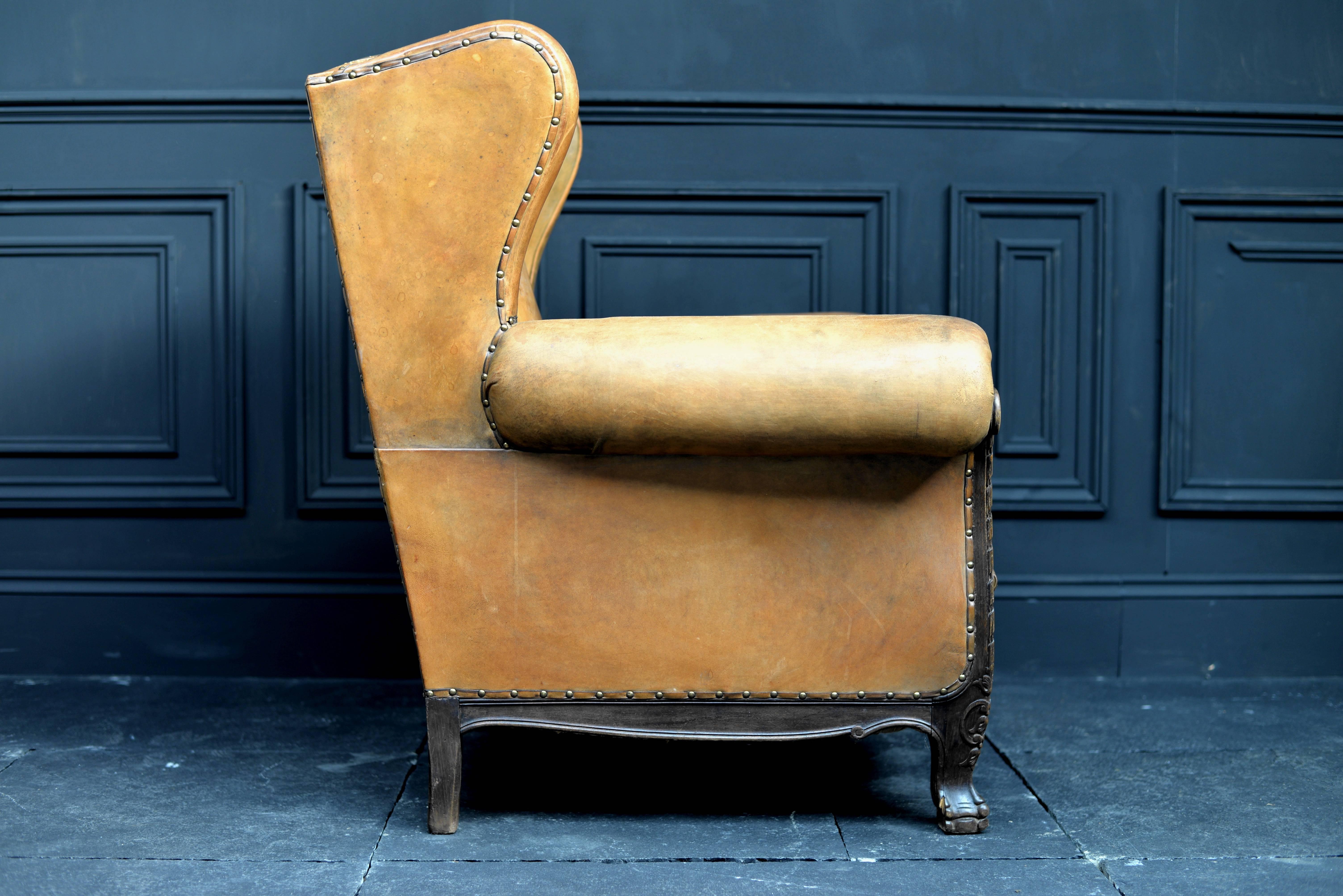 Mid-20th Century Dutch Rolled Up Armrests High Back Leather Chair For Sale 1