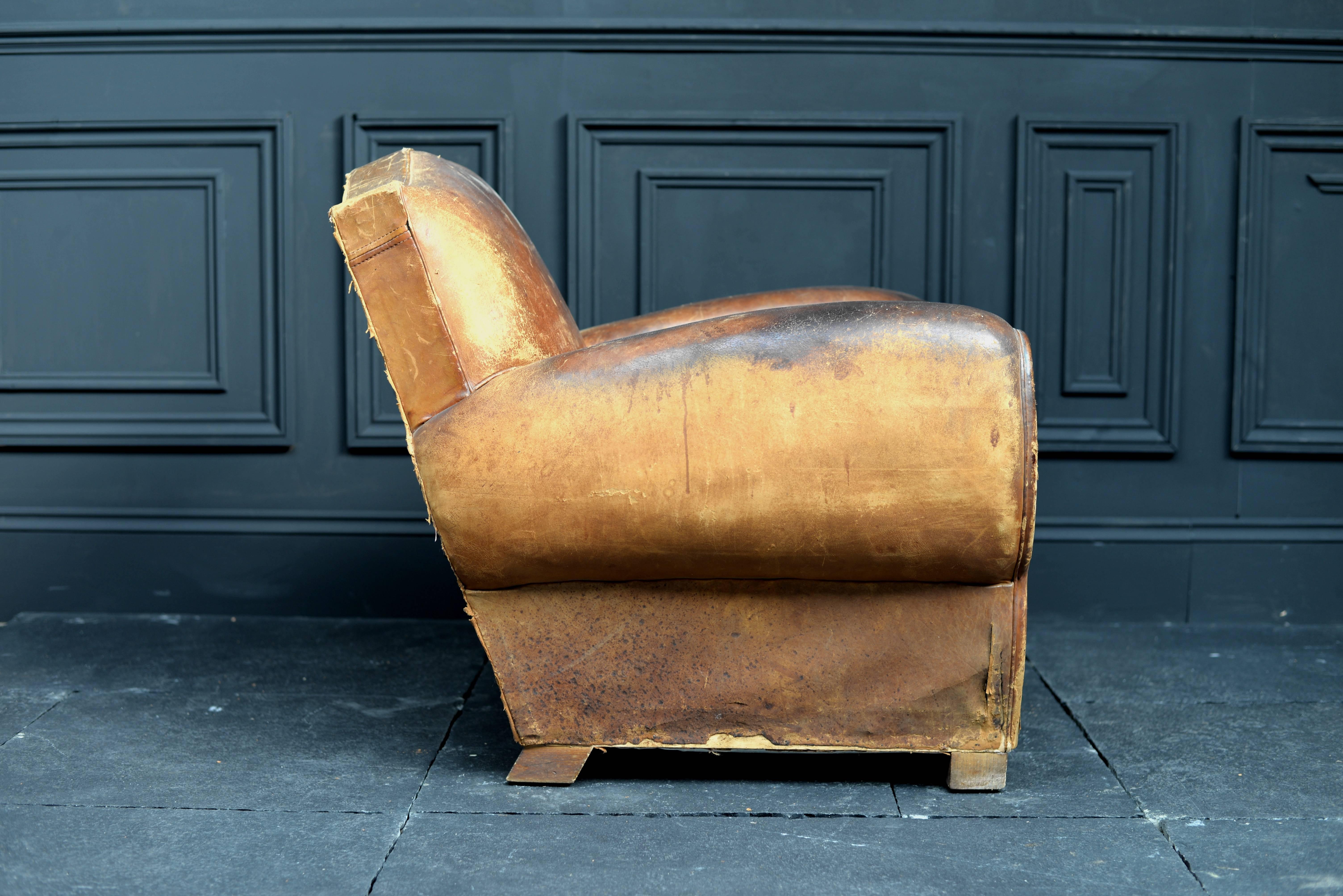 1920s French Leather Moustache Chair For Sale 1