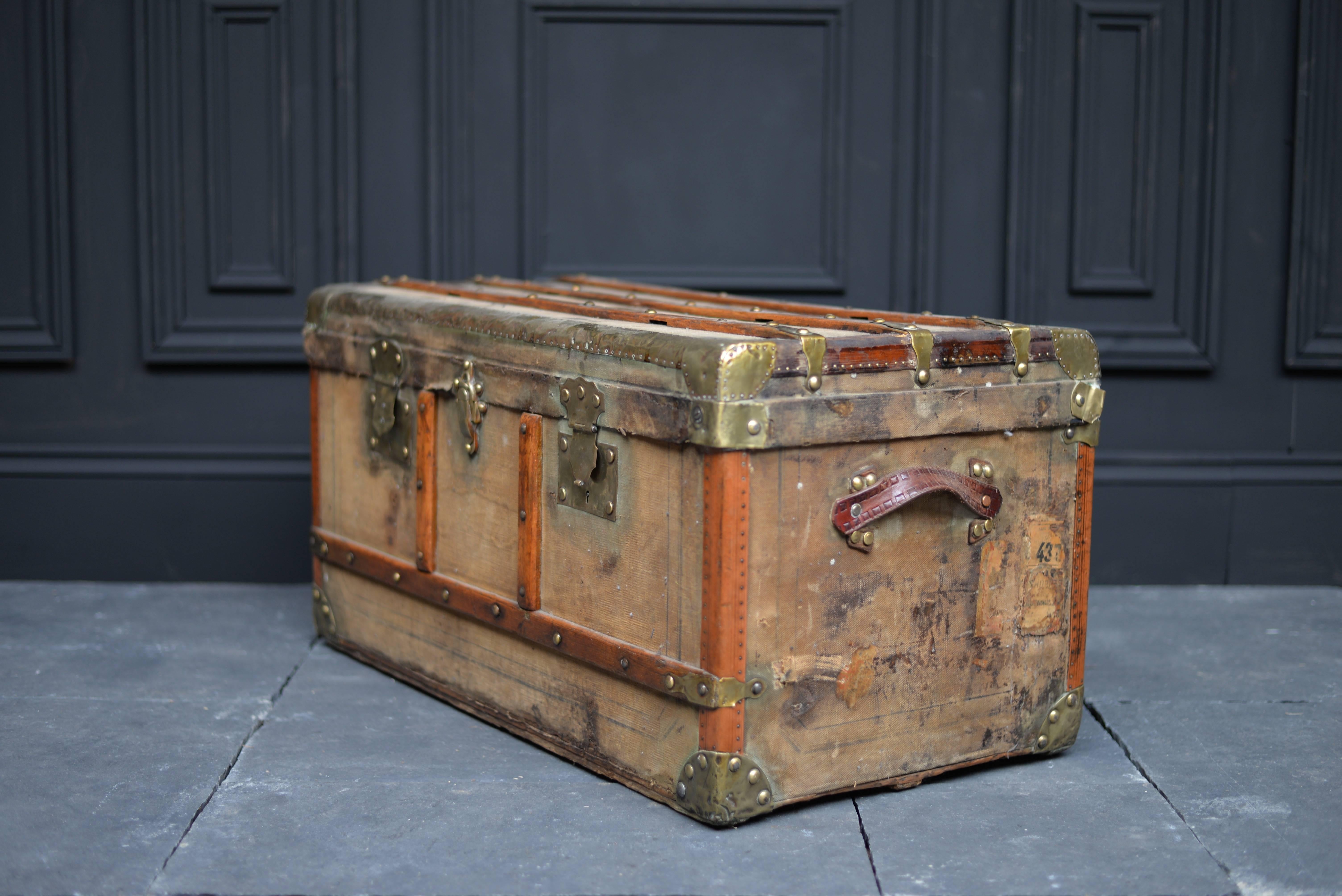 19th Century French Wooden and Brass Trunk, Eugene Laprevotte In Distressed Condition For Sale In London, GB