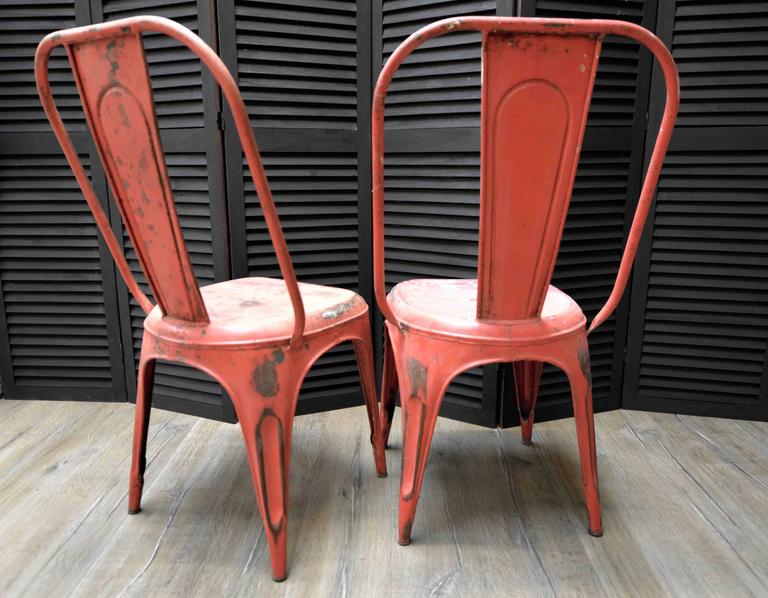 1950s French Metal Industrial Stacking Café Bistro Chairs in Red For