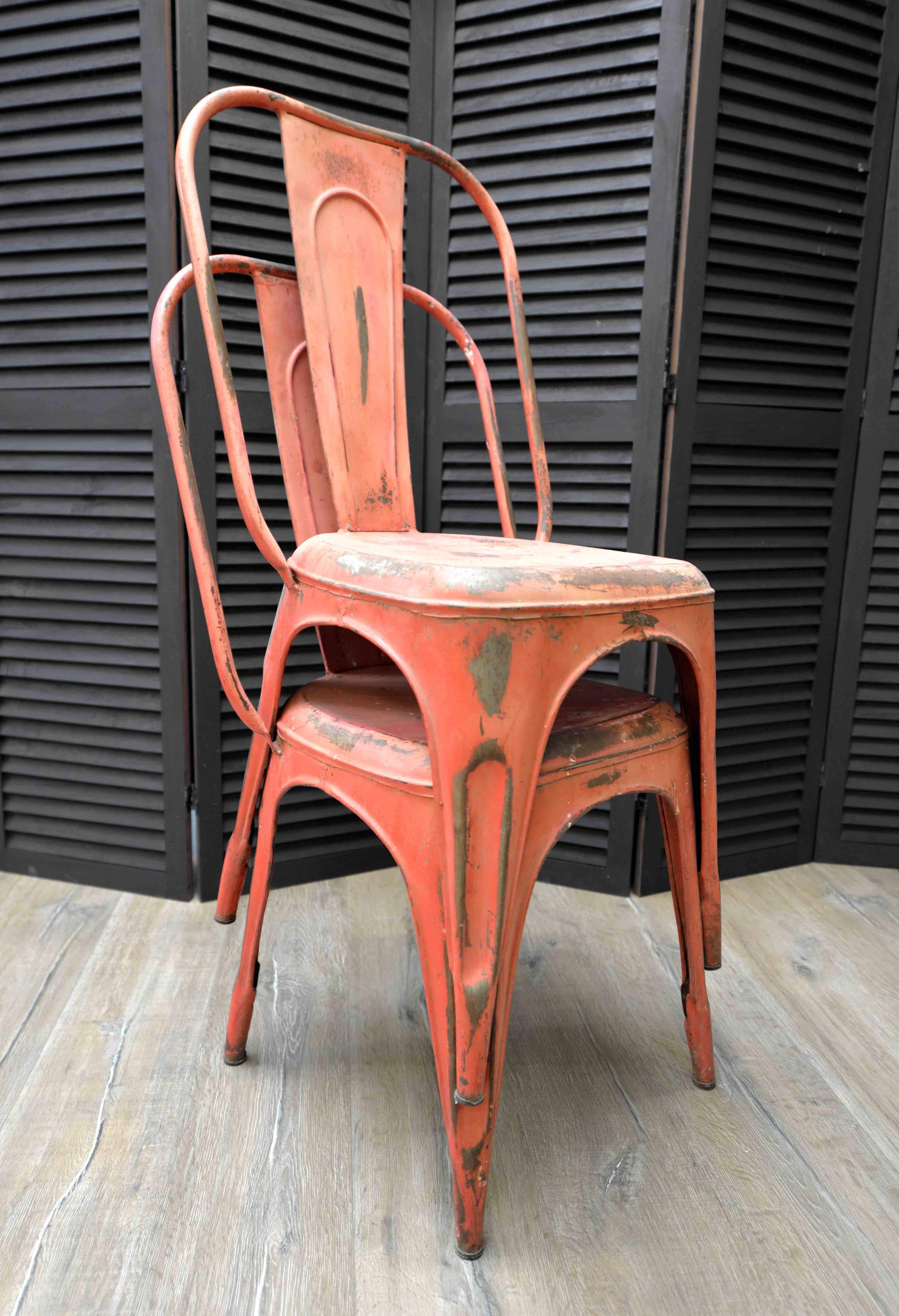 1950s French Metal Industrial Stacking Café Bistro Chairs in Red In Distressed Condition For Sale In London, GB