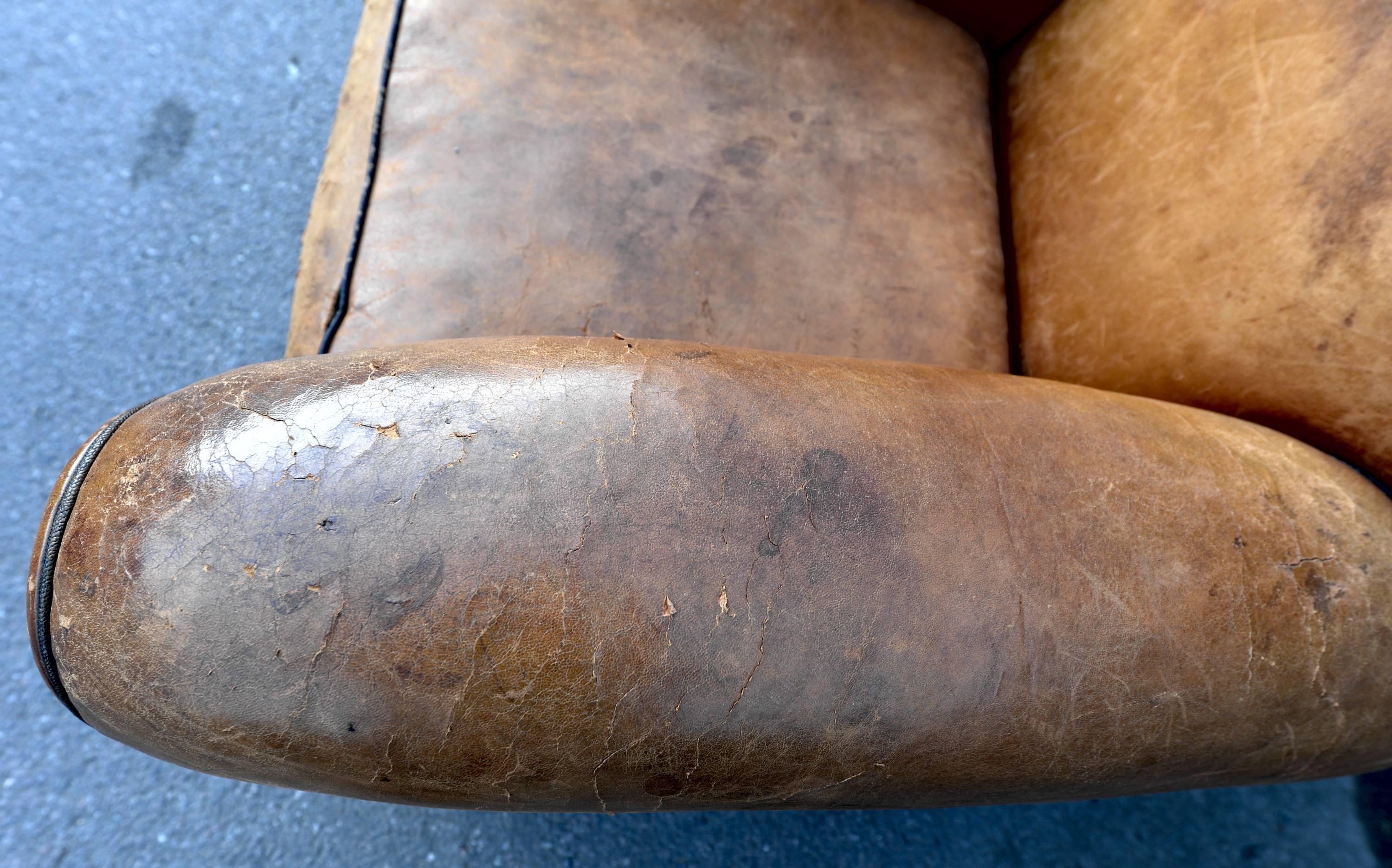 20th Century 1930s French Art Deco Moustache Leather Lounge or Club Chairs For Sale