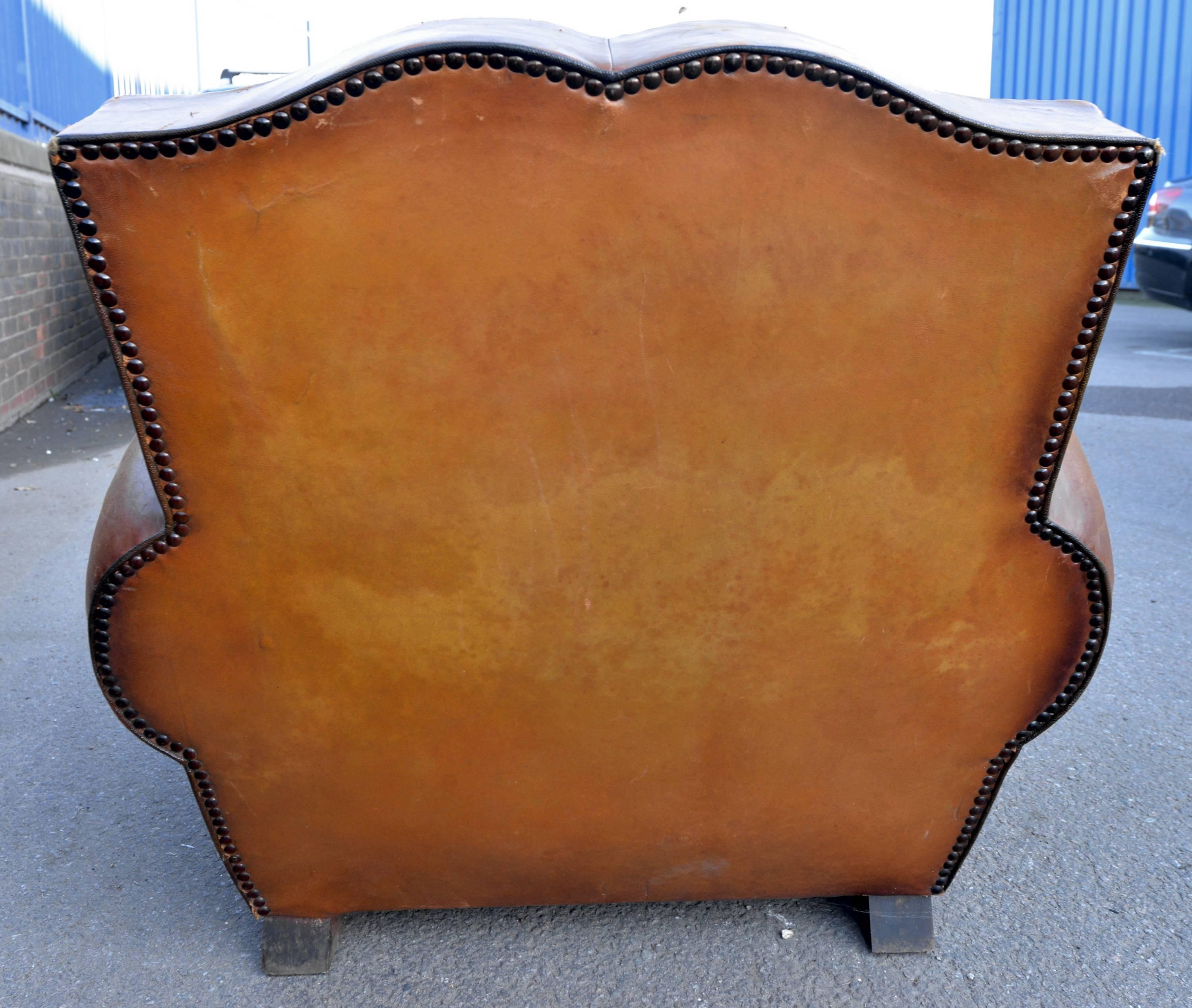 1930s French Art Deco Moustache Leather Lounge or Club Chairs For Sale 1
