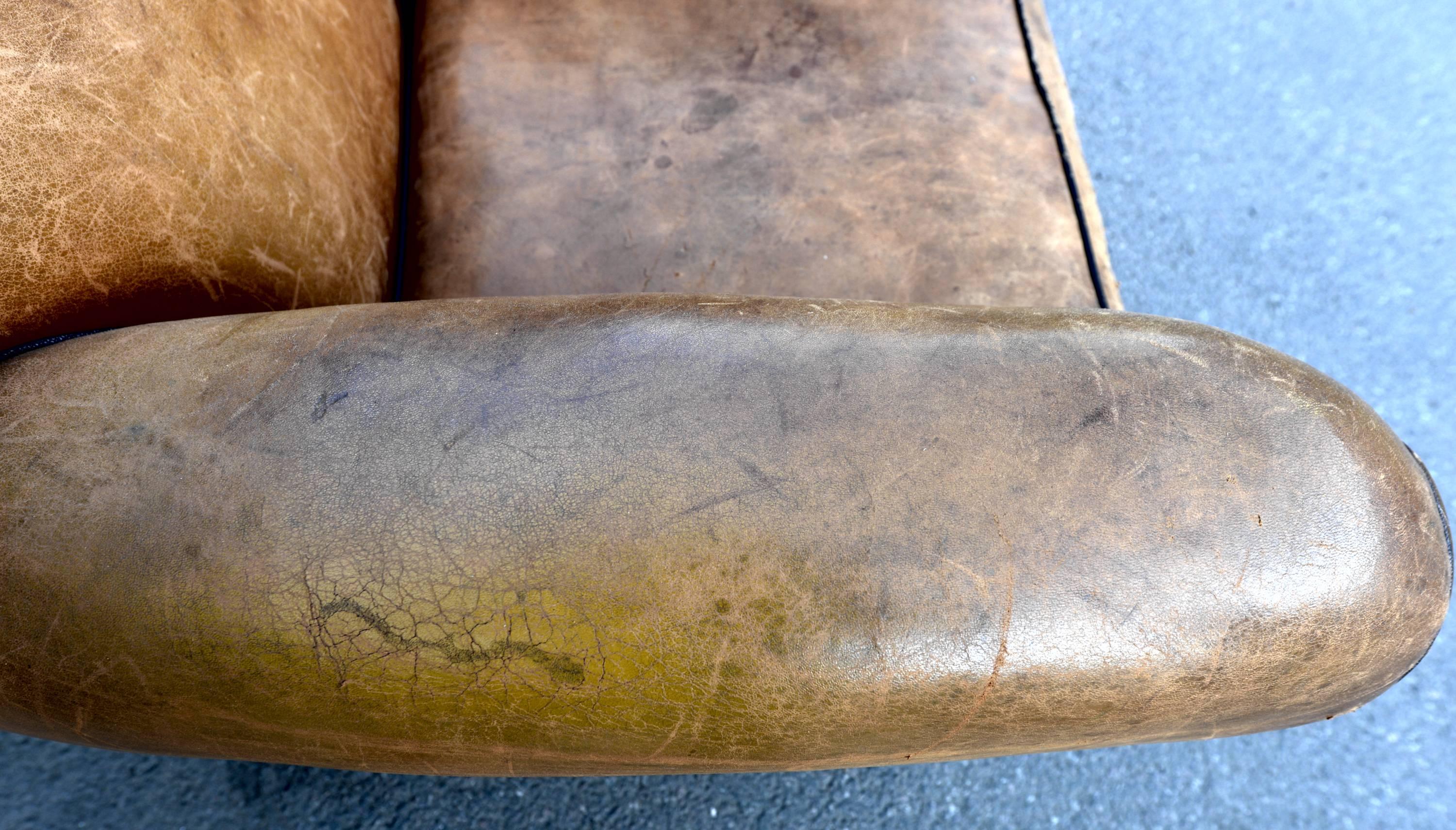 1930s French Art Deco Moustache Leather Lounge or Club Chairs In Distressed Condition For Sale In London, GB