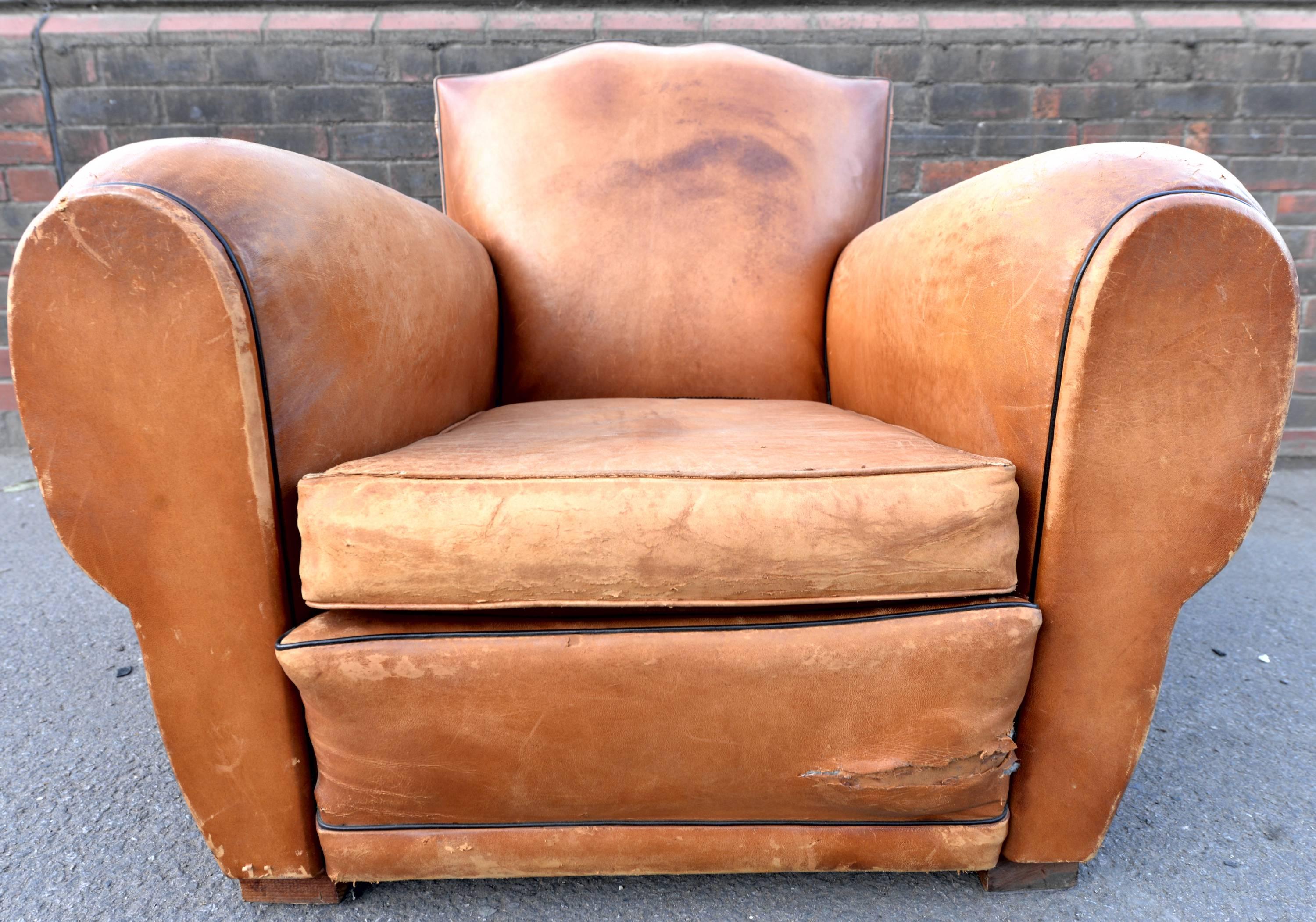1930s French Art Deco Moustache Leather Lounge or Club Chairs For Sale 2