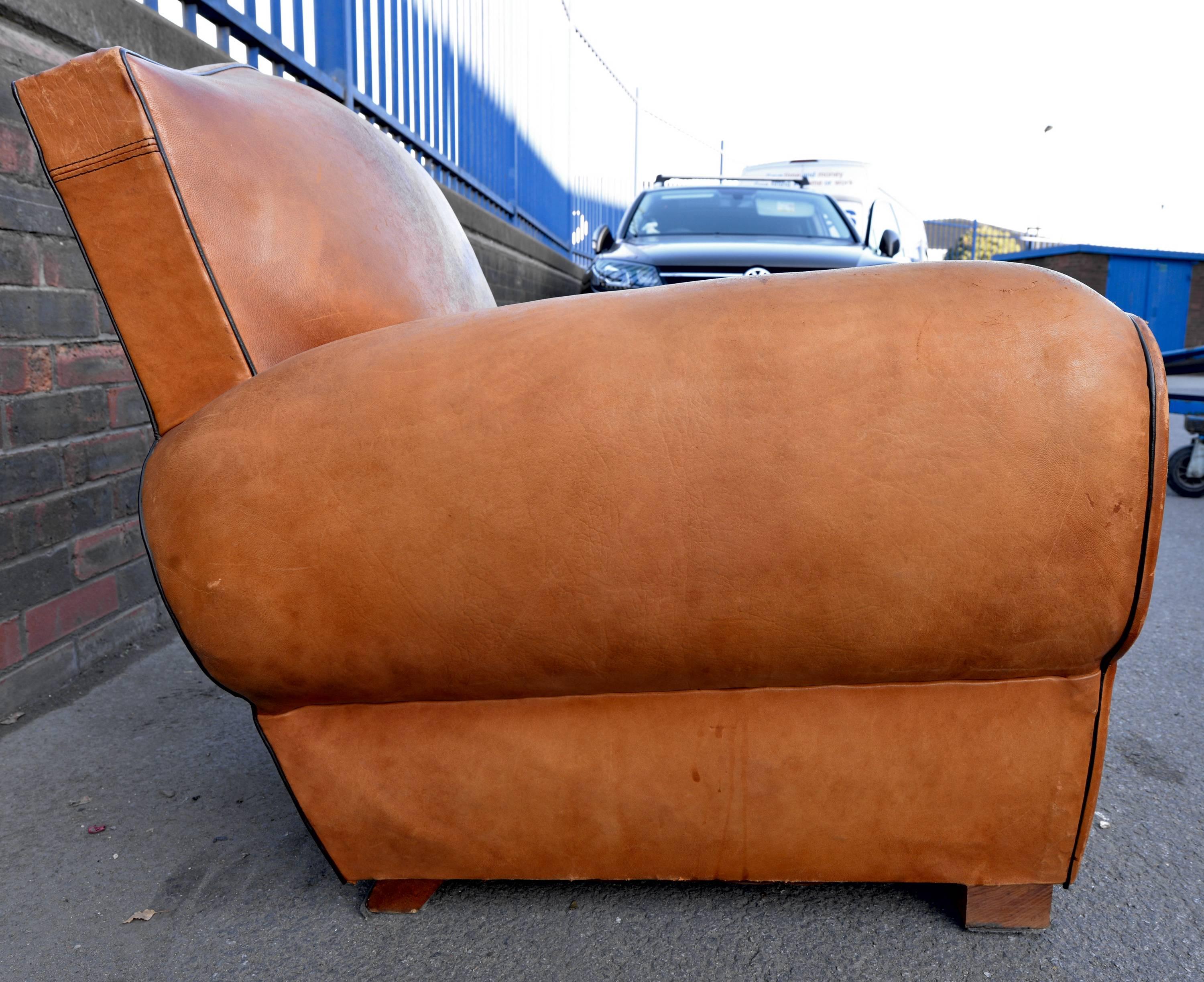 1930s French Art Deco Moustache Leather Lounge or Club Chairs For Sale 4