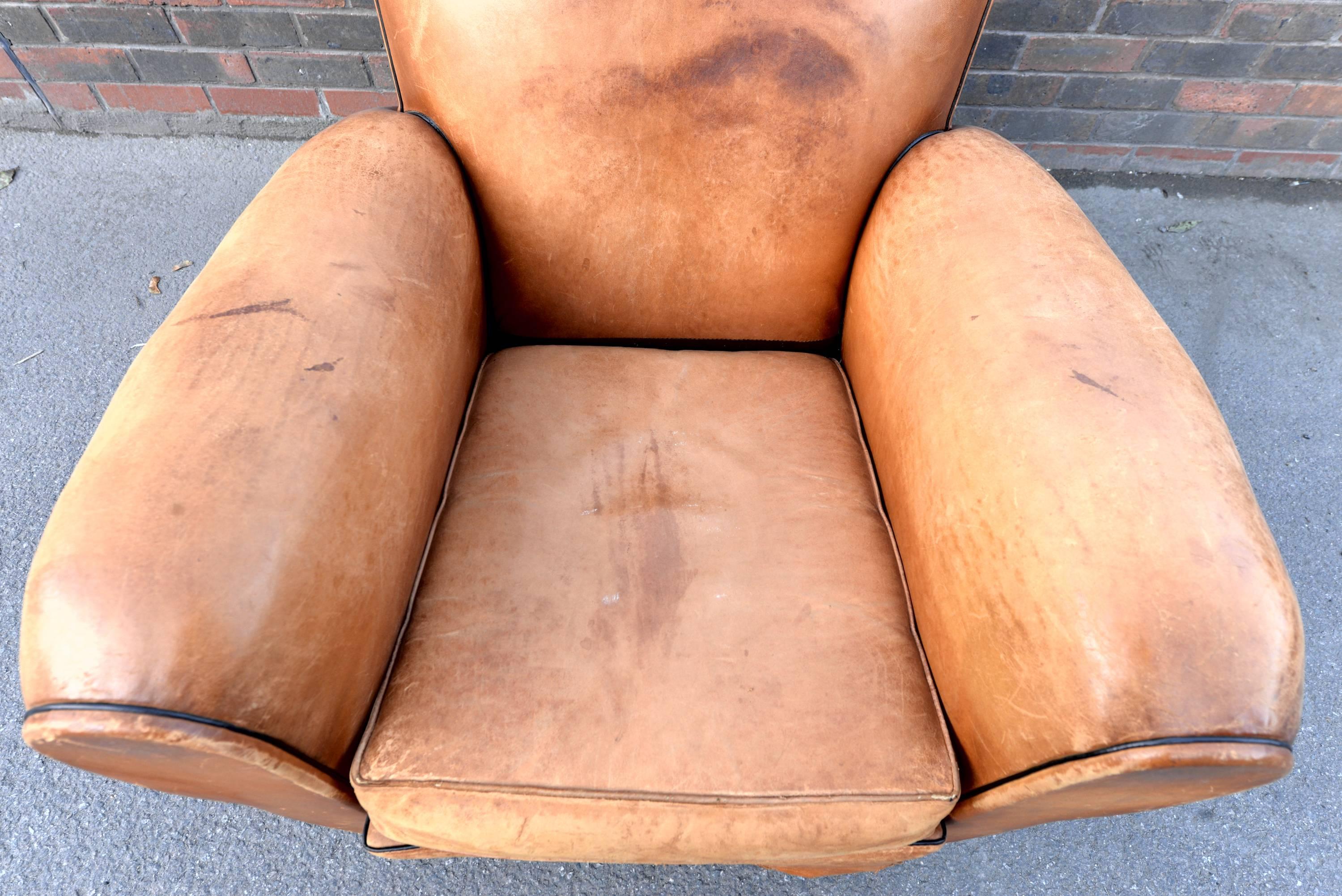 1930s French Art Deco Moustache Leather Lounge or Club Chairs For Sale 3