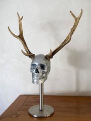 Adultery - Resin Skull with Antlers on Stainless Steel Stand by Hubert Privé