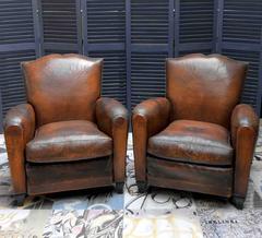1930s Small French Art Deco Moustache Leather Lounge/ Club Chairs