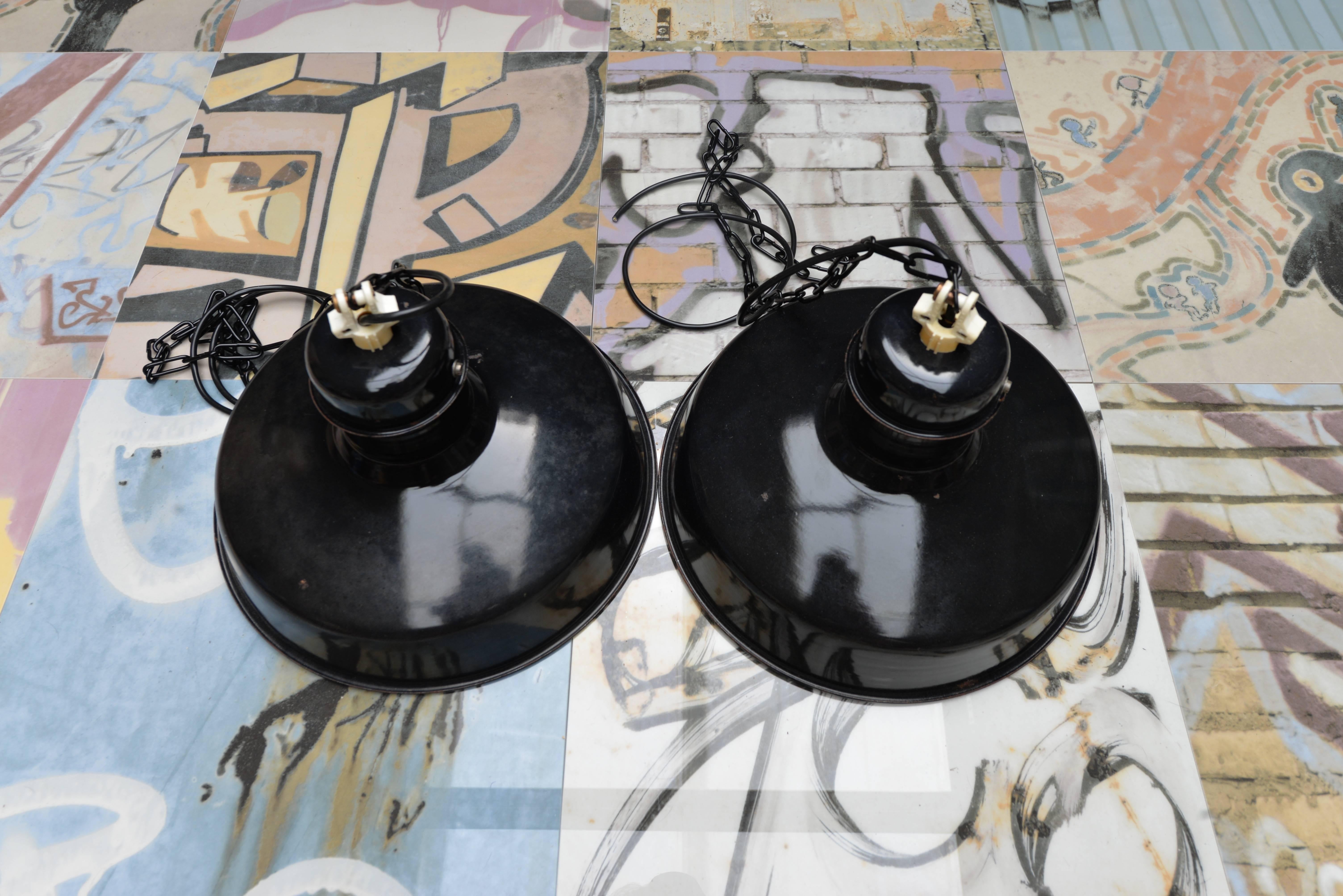 Mid-20th Century Black Enamel Industrial Pendants