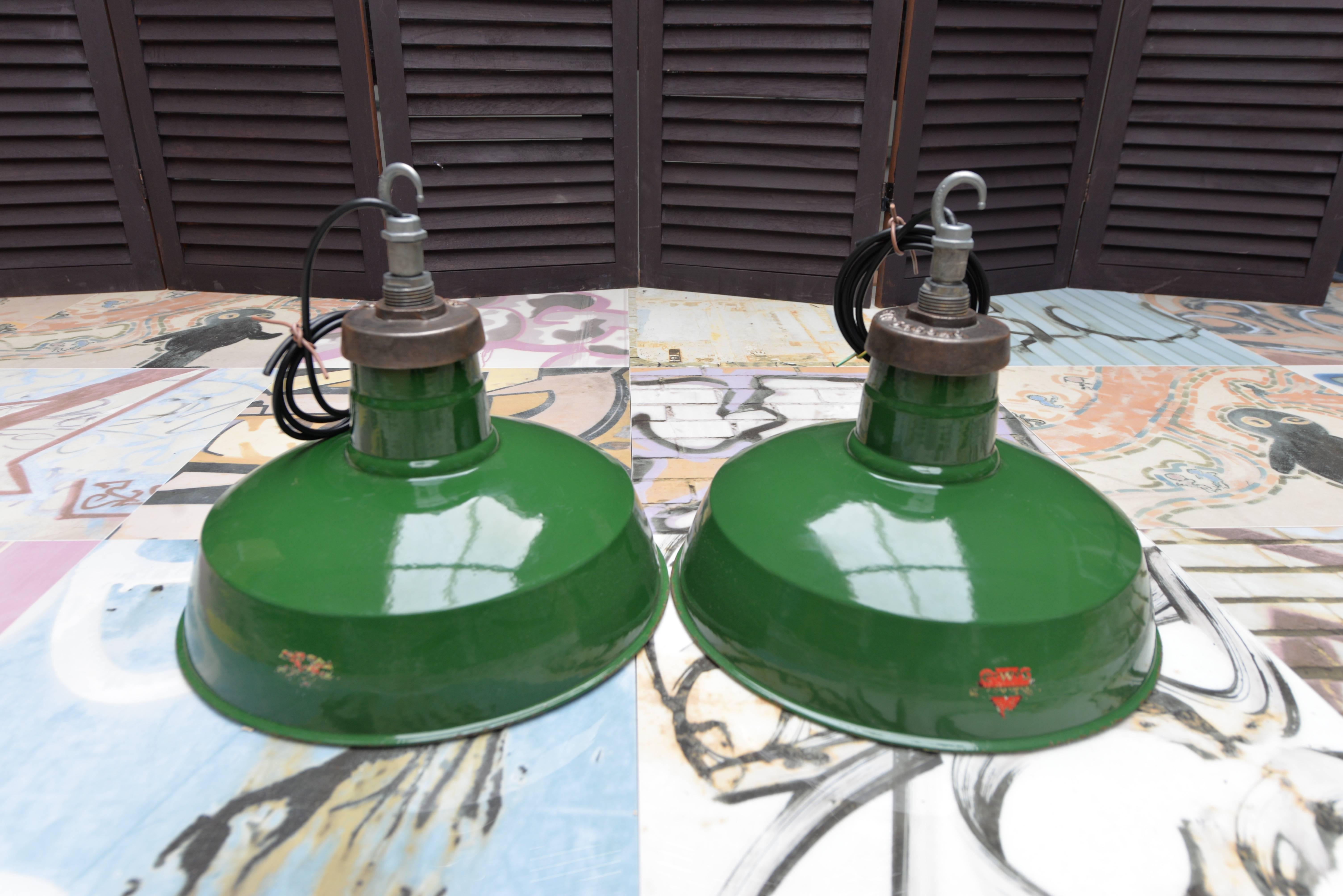 If shipped to the US or EU, no import tax applies. 

These green pendants have been cleaned, polished and rewired. 

The bulb fittings are original ceramic and the pendants are supplied with suspension chains.