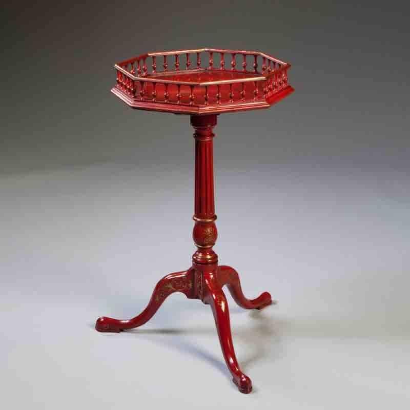 If sold to the US or EU, no import tax applies. 

This rare red lacquered tripod table is of George III period. It has a turned gallery and would originally be used as a wine table. 

The table has been restored and re-polished without losing