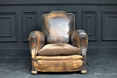 19th Century French Leather High Back Moustache Chair