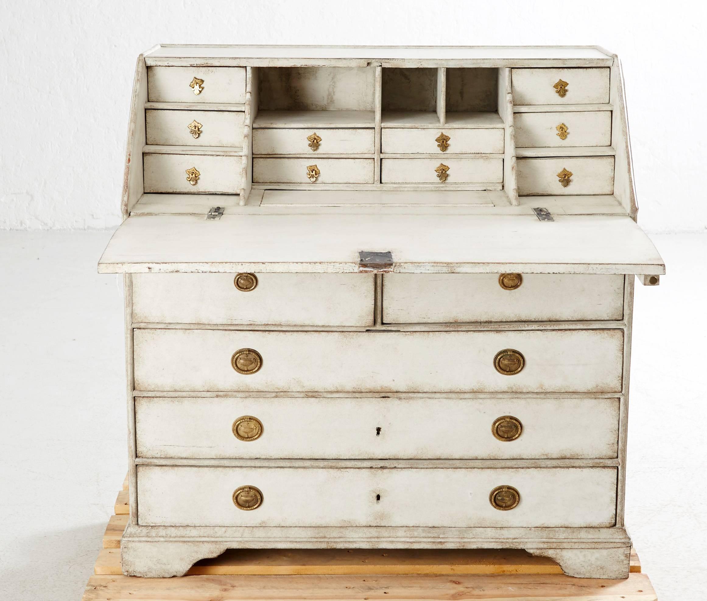 18th century Swedish secretaire or bureau with five drawers in the front and secret compartments. Old paint and hardware.