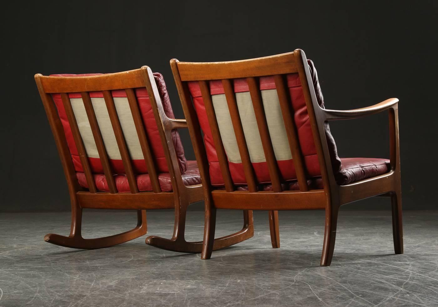 Danish Ole Wanscher Rocking and Lounge Chairs in Red Leather