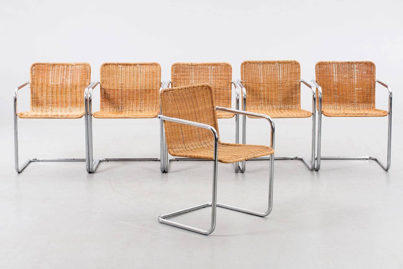 Mid-Century Modern Set of Six Wicker and Chromed Steel Chairs, Italy, 1970s For Sale