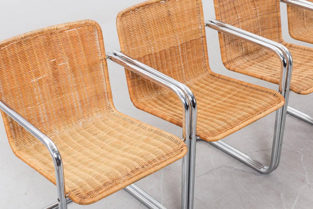 Italian Set of Six Wicker and Chromed Steel Chairs, Italy, 1970s For Sale