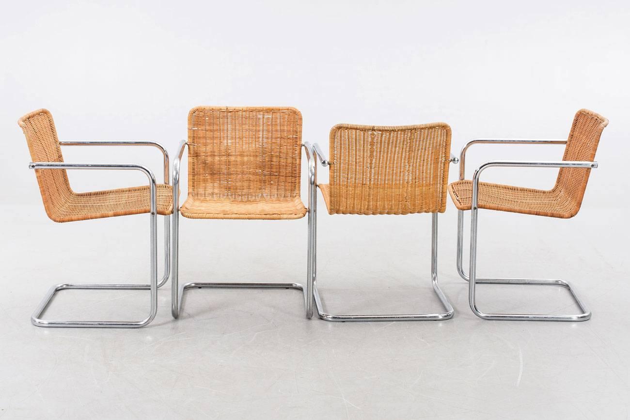 Set of Six Wicker and Chromed Steel Chairs, Italy, 1970s In Excellent Condition For Sale In Madrid, ES