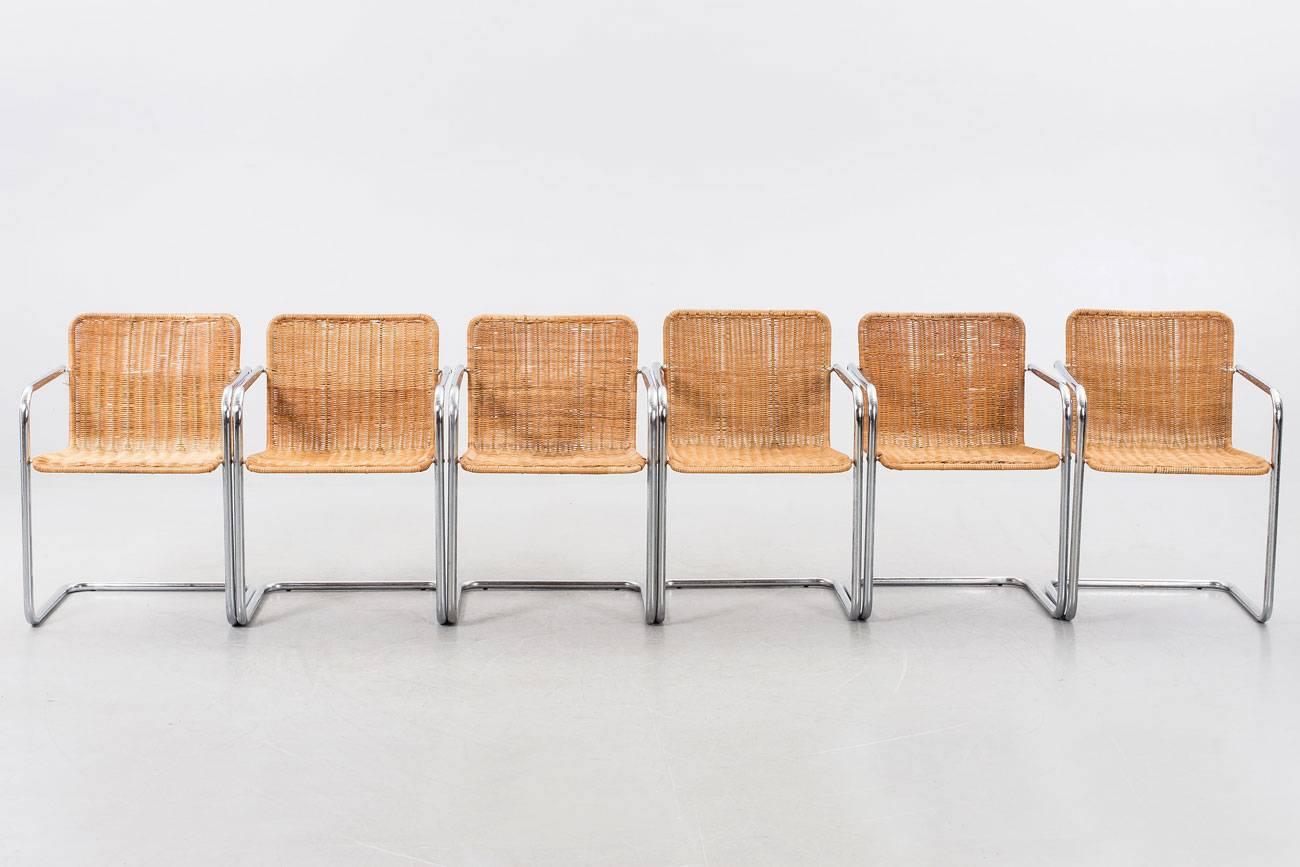 20th Century Set of Six Wicker and Chromed Steel Chairs, Italy, 1970s For Sale