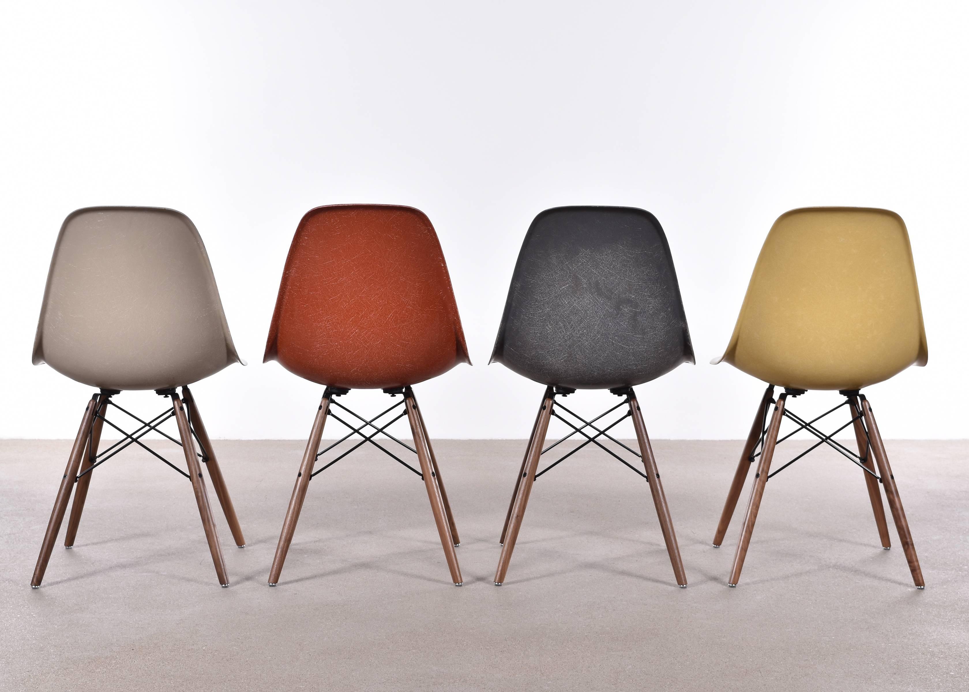 Beautiful iconic DSW chairs in the colors: Elephant hide grey, terra cotta, ochre light and greige. Shells are in very good or excellent condition with only slight traces of use. Replaced shock mounts which guarantee save usability for the next
