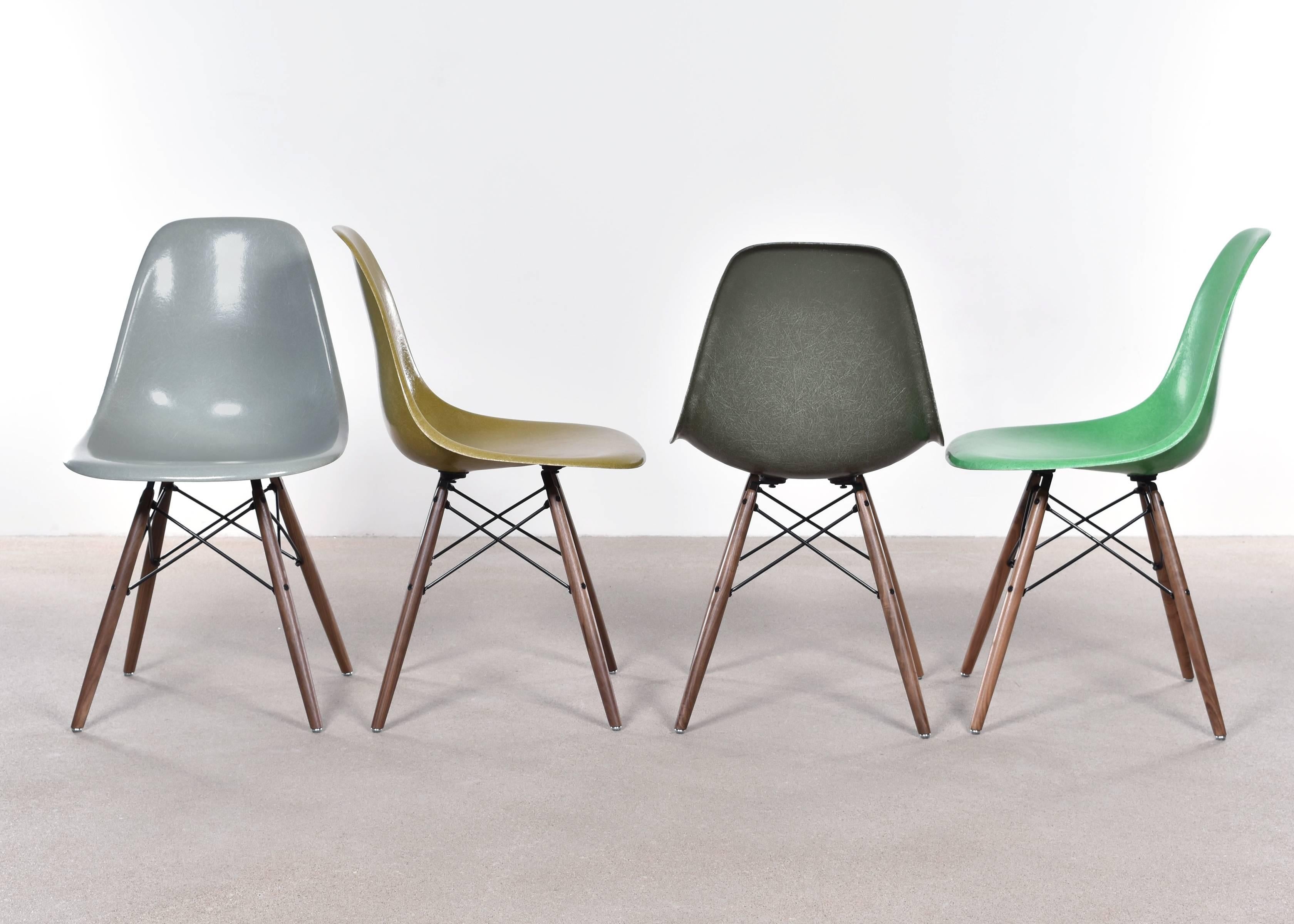Beautiful iconic DSW chairs in the colors: Kelly green, olive green dark, mustard and sea foam green. Shells are in very good or excellent condition with only slight traces of use. Replaced shock mounts which guarantee save usability for the next