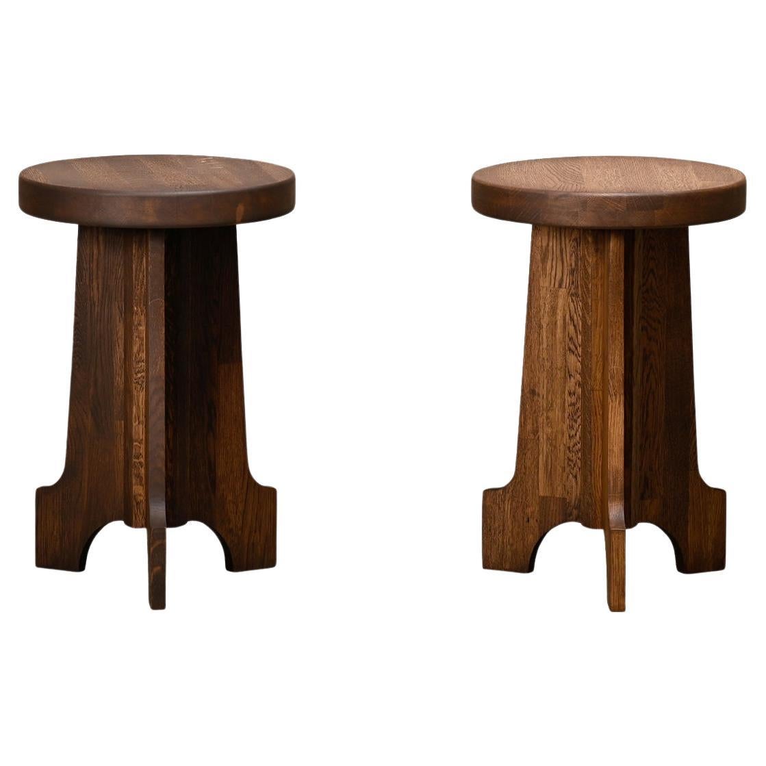 Scandinavian tripod Stools or Side Tables in Art Deco style solid stained Oak For Sale