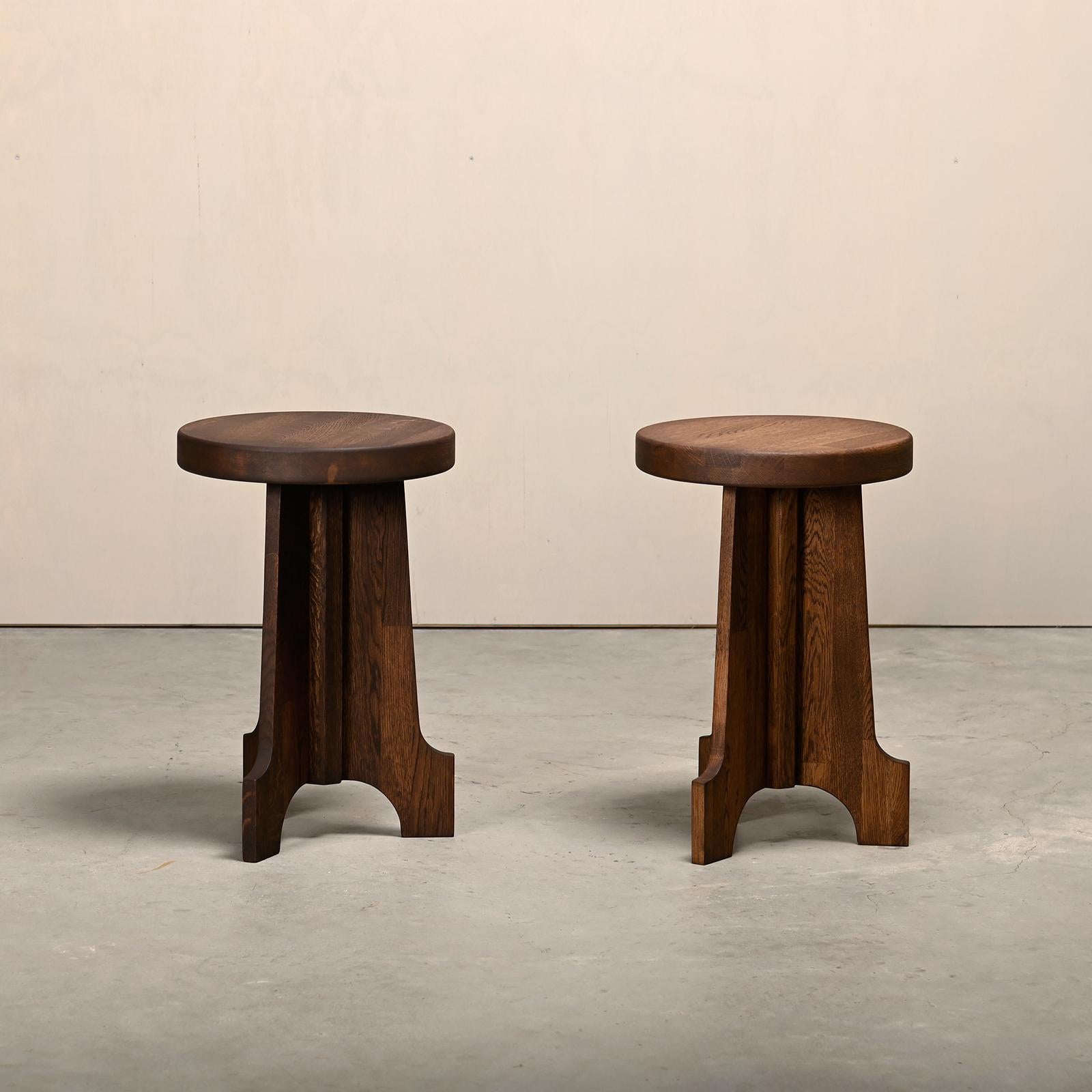 Swedish Scandinavian tripod Stools or Side Tables in Art Deco style solid stained Oak For Sale