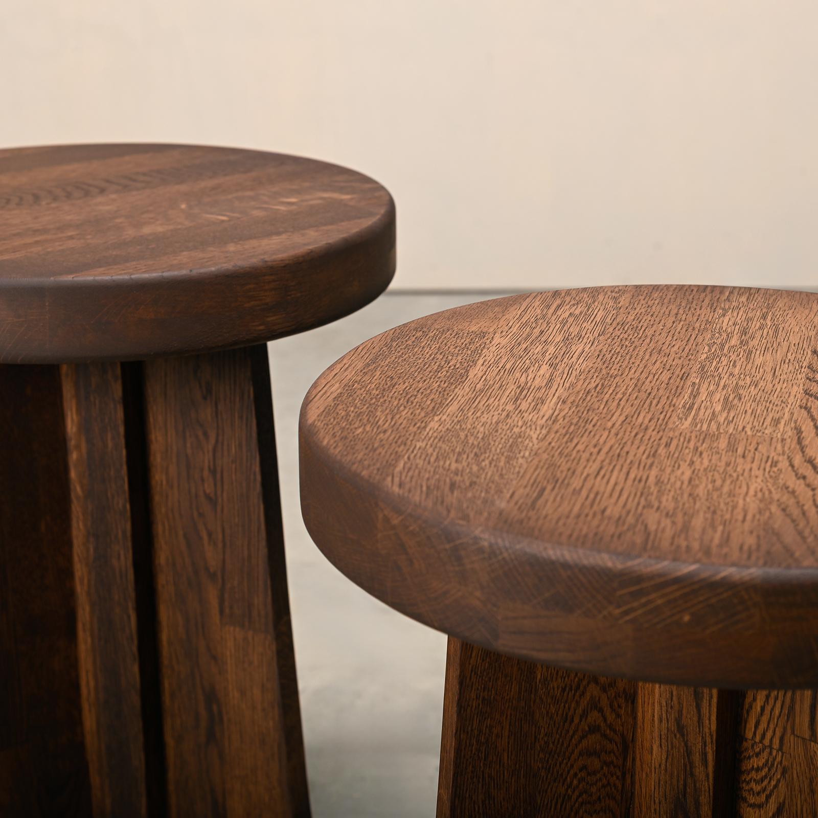 Scandinavian tripod Stools or Side Tables in Art Deco style solid stained Oak For Sale 3