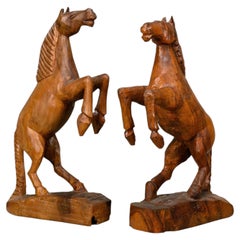 Striking mid-century vintage hand-carved wooden horse bookends, France 1950s