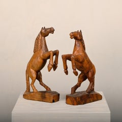 Striking mid-century vintage hand-carved wooden horse bookends, France 1950s