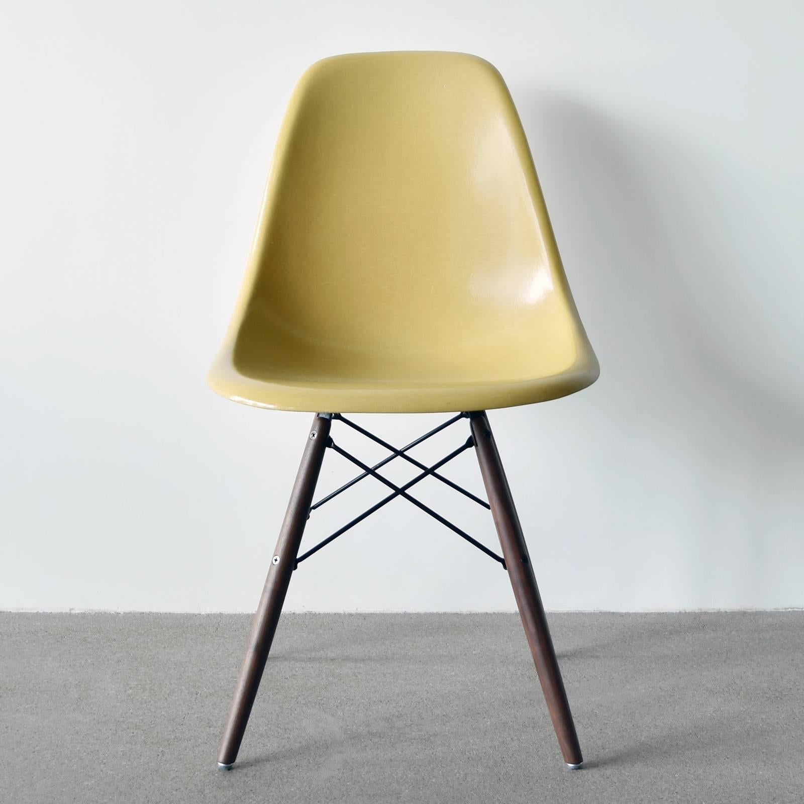 Beautiful iconic ochre light DSW chairs. The shells are in very good / excellent condition with only slight traces of use. Replaced shock mounts which guarantee save usability for the next decades. Each chair is signed with embossed Herman Miller
