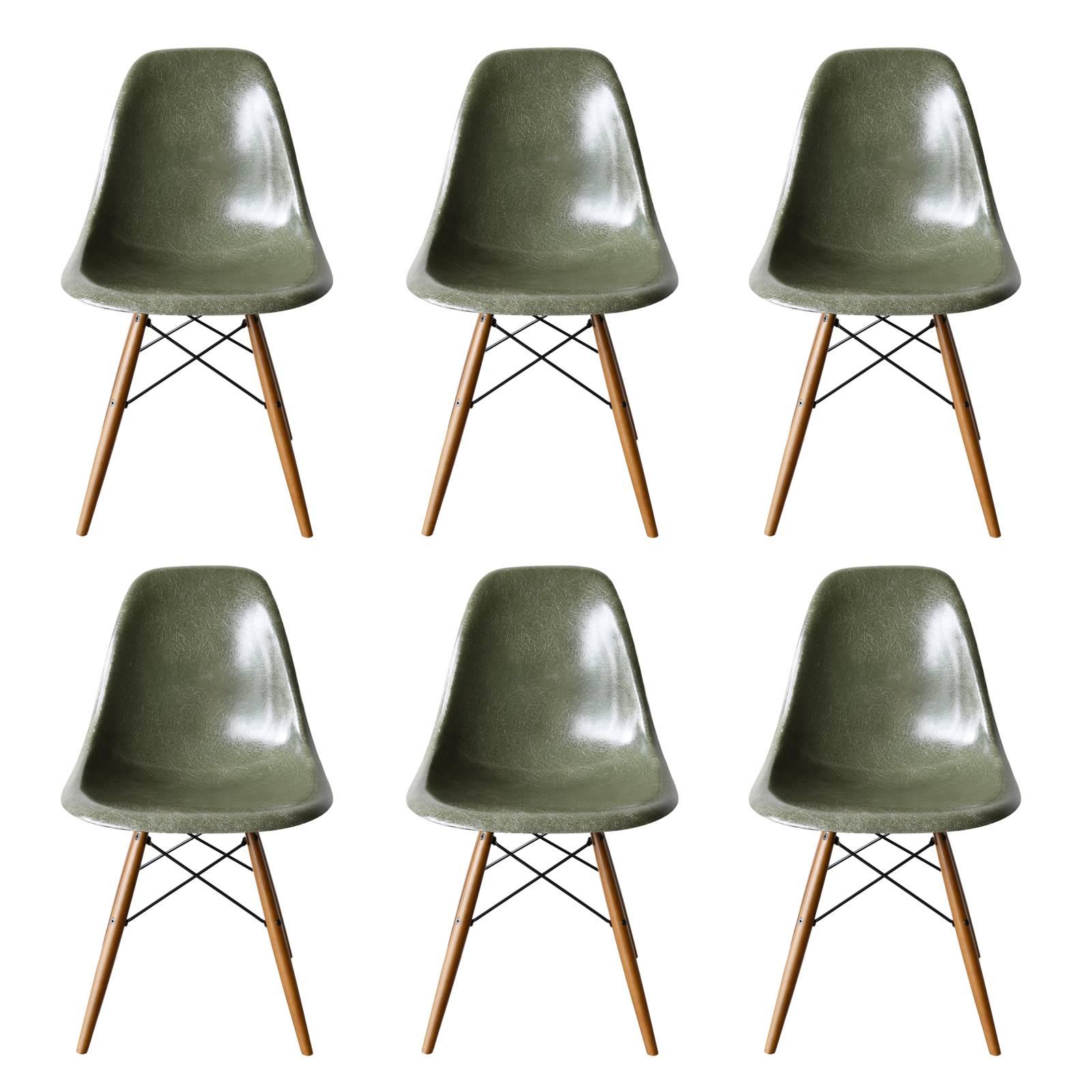 Set of Six Eames Olive Green Dark Dsw Herman Miller, Usa Dining Chairs