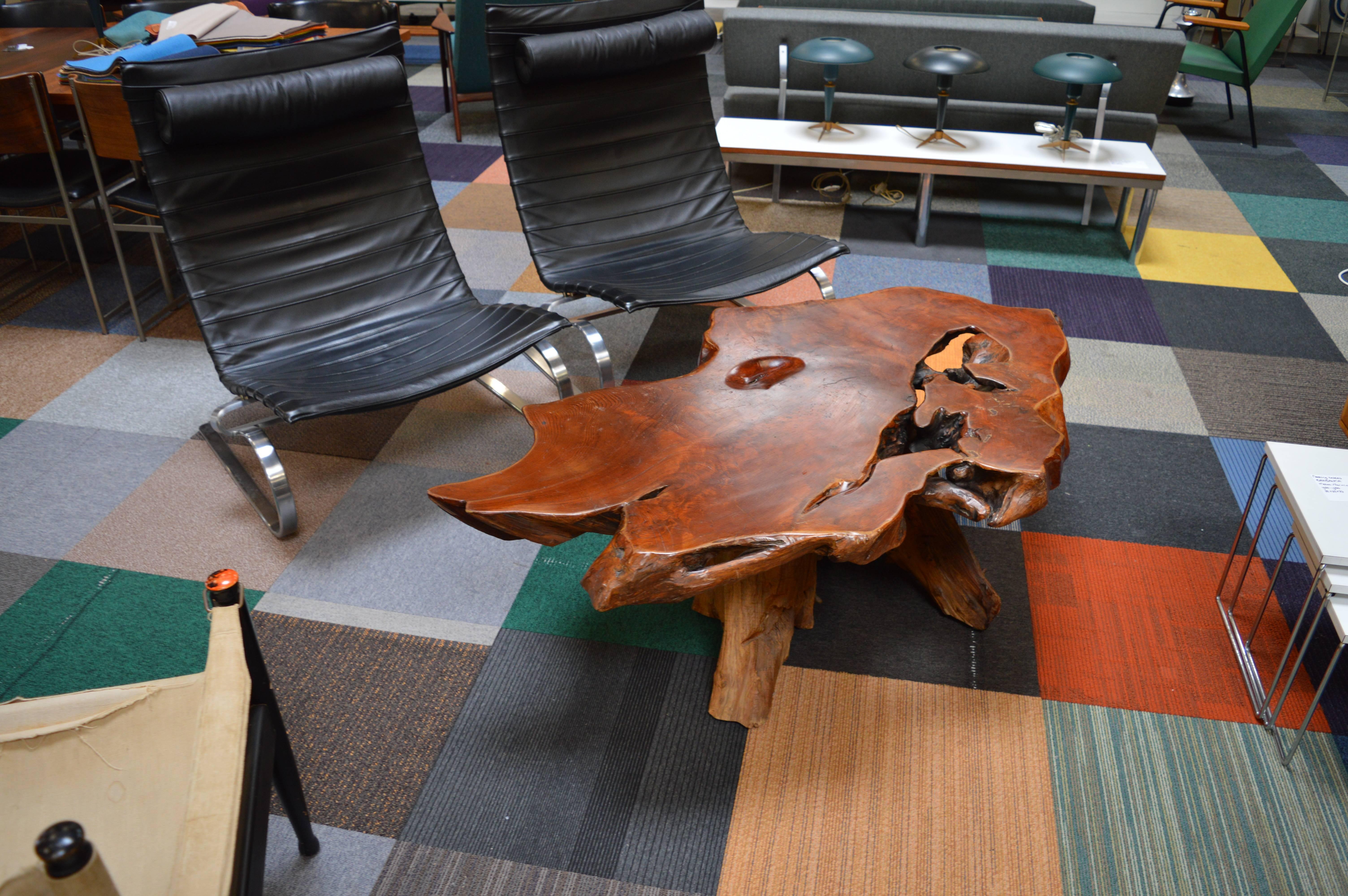 Heavy Californian redwood burl coffee table with redwood tree trunk base.