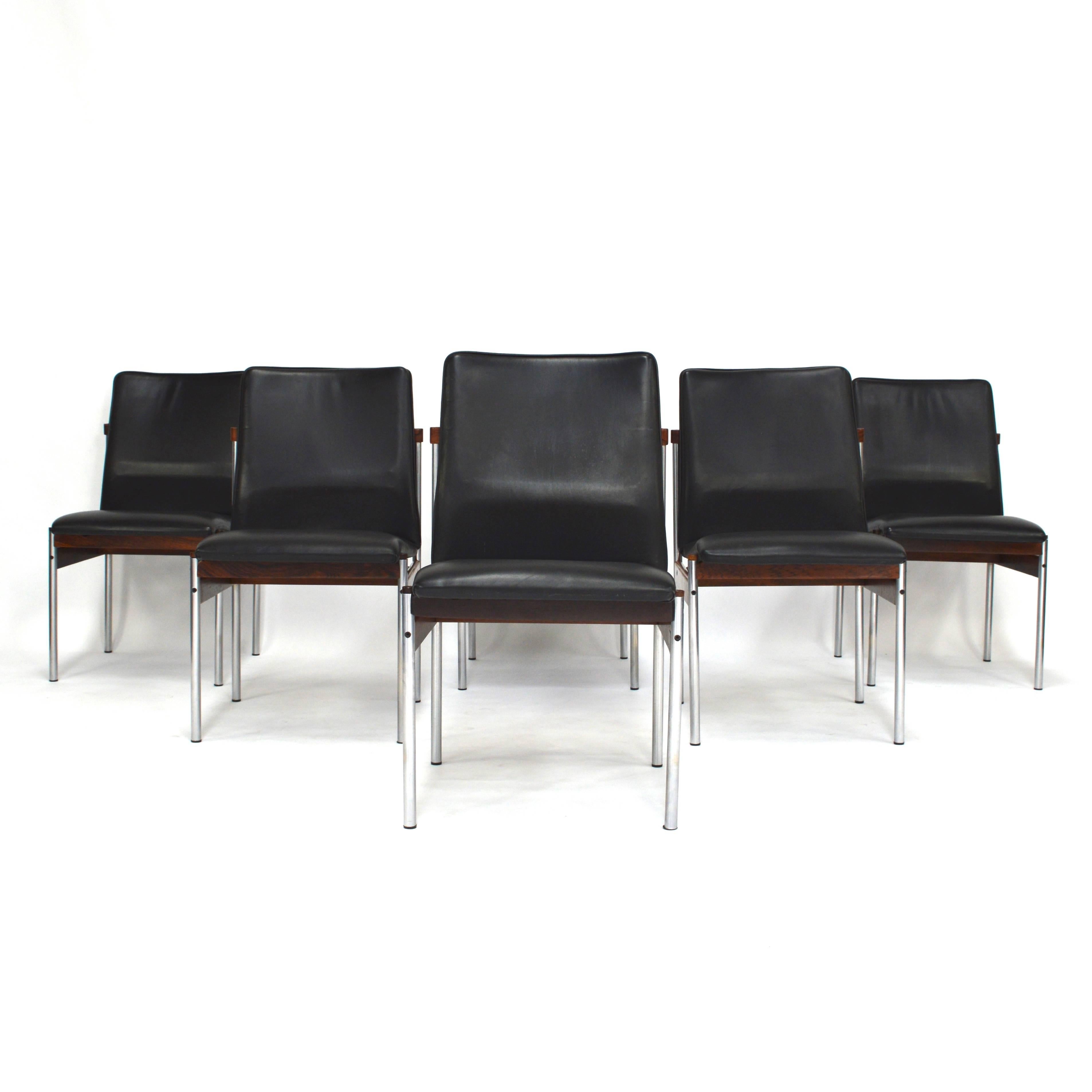 Mid-20th Century Set of six Black Leather and Brazilian Rosewood Dining Chairs, 1960s