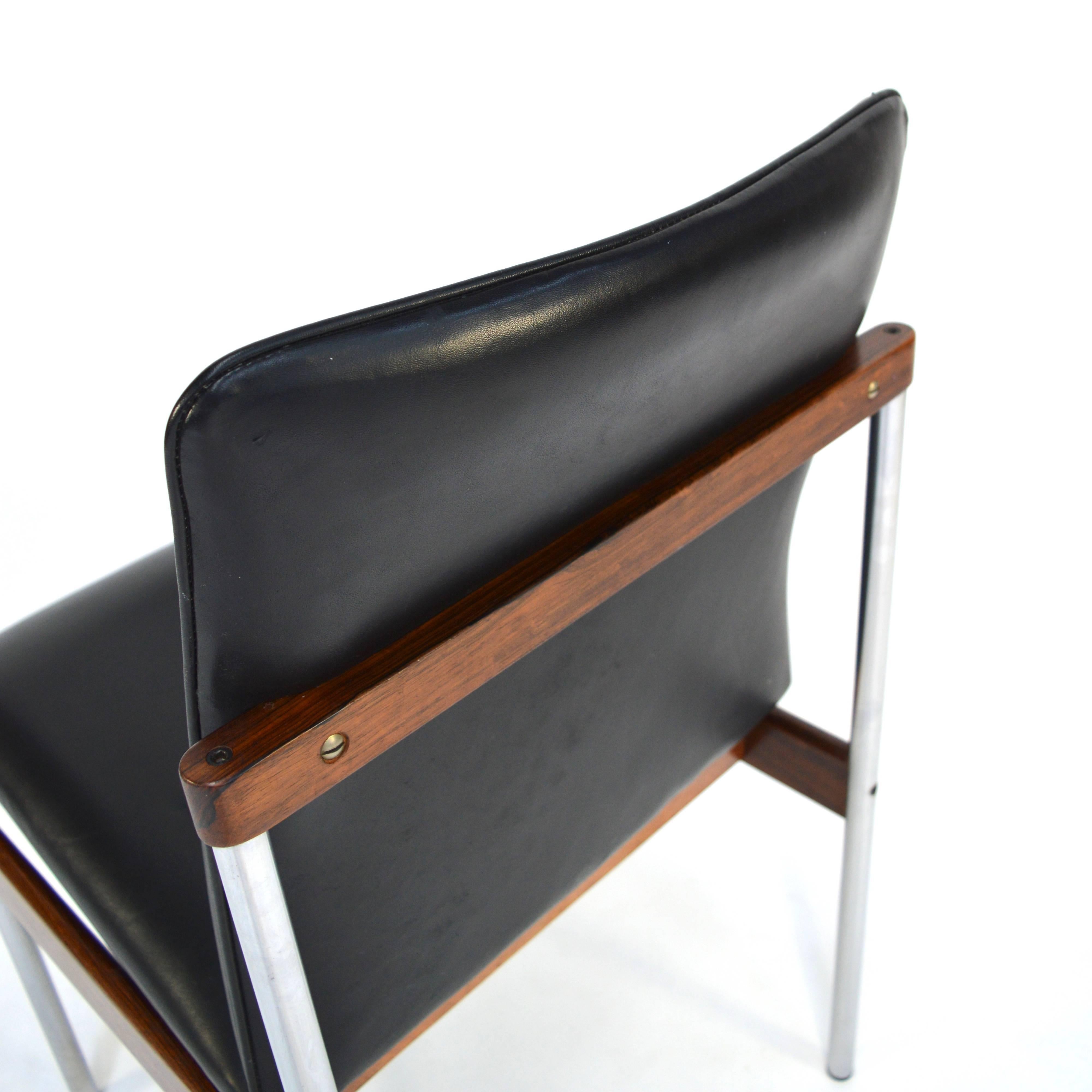 Chrome Set of six Black Leather and Brazilian Rosewood Dining Chairs, 1960s