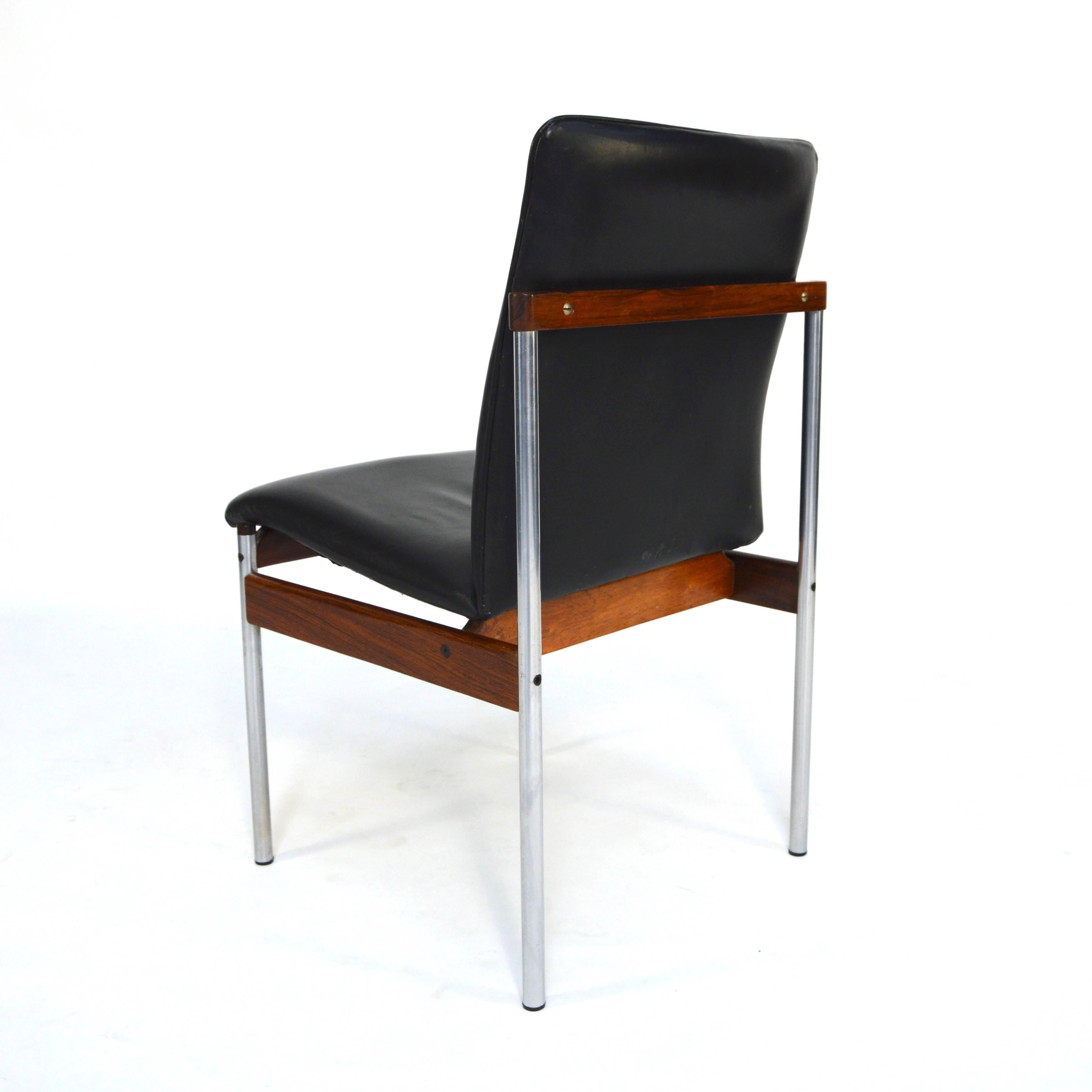 Dutch Set of six Black Leather and Brazilian Rosewood Dining Chairs, 1960s