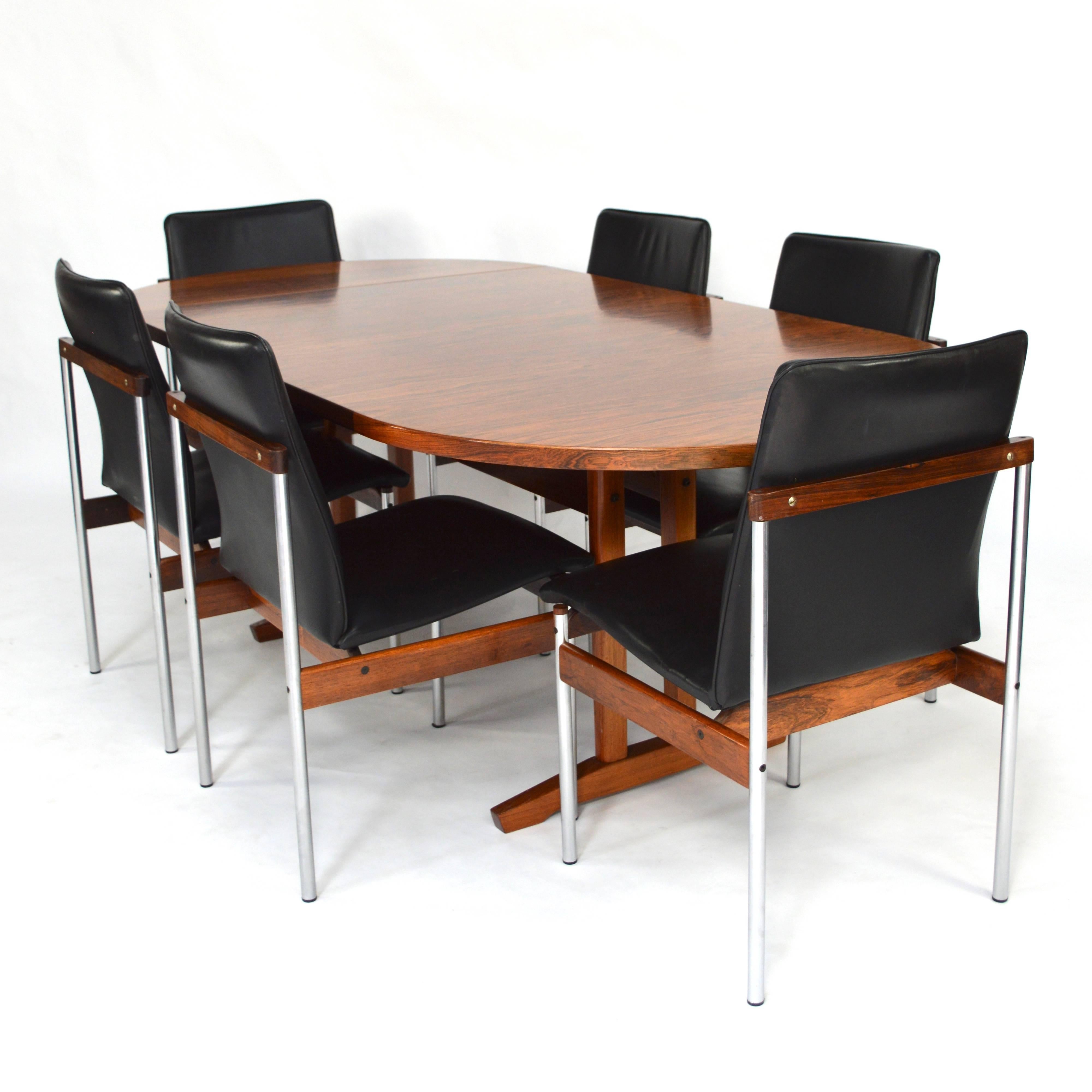 Set of six Black Leather and Brazilian Rosewood Dining Chairs, 1960s 3