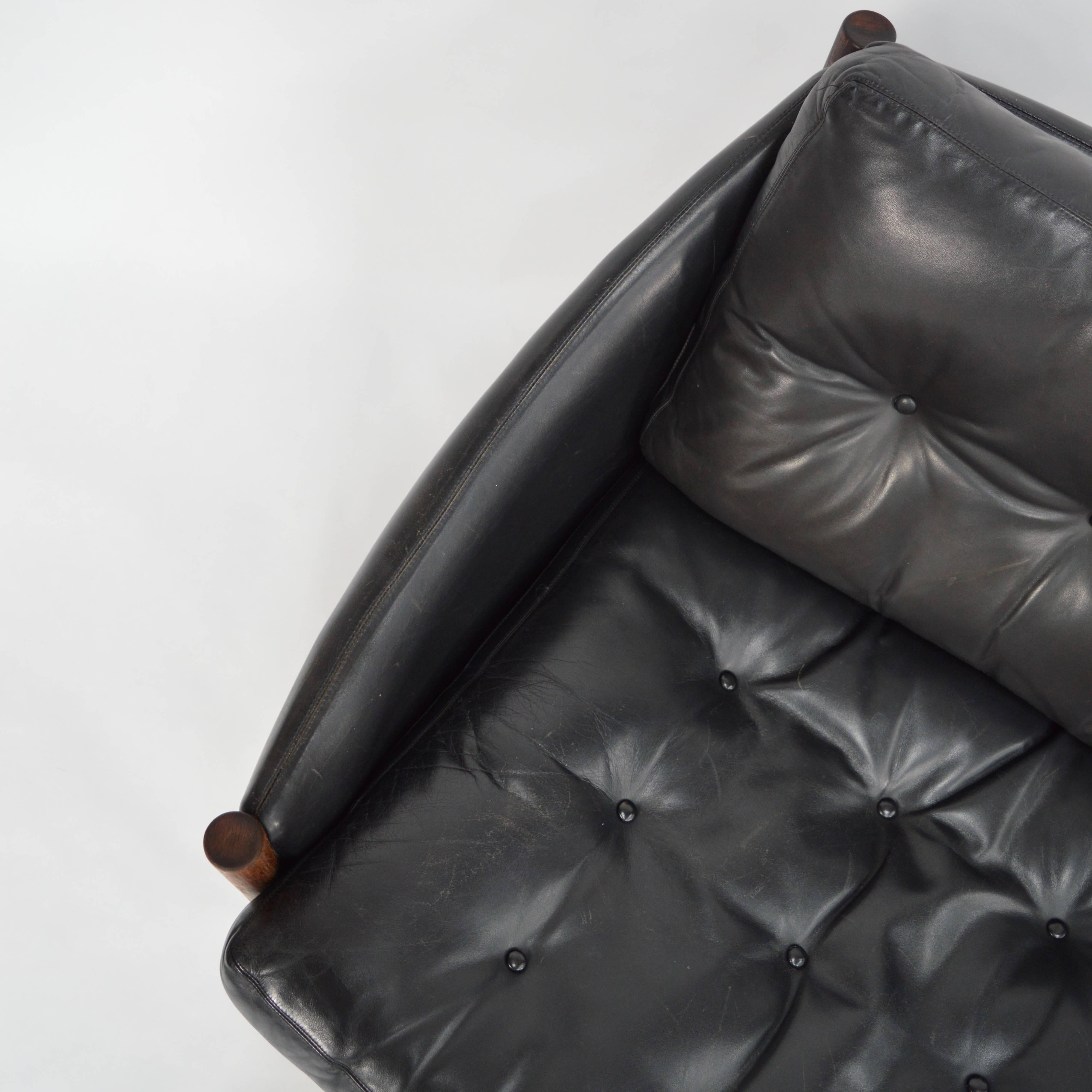 Arne Norell Attributed, Three-Seat Sofa in Black Leather and Rosewood, 1960s 3