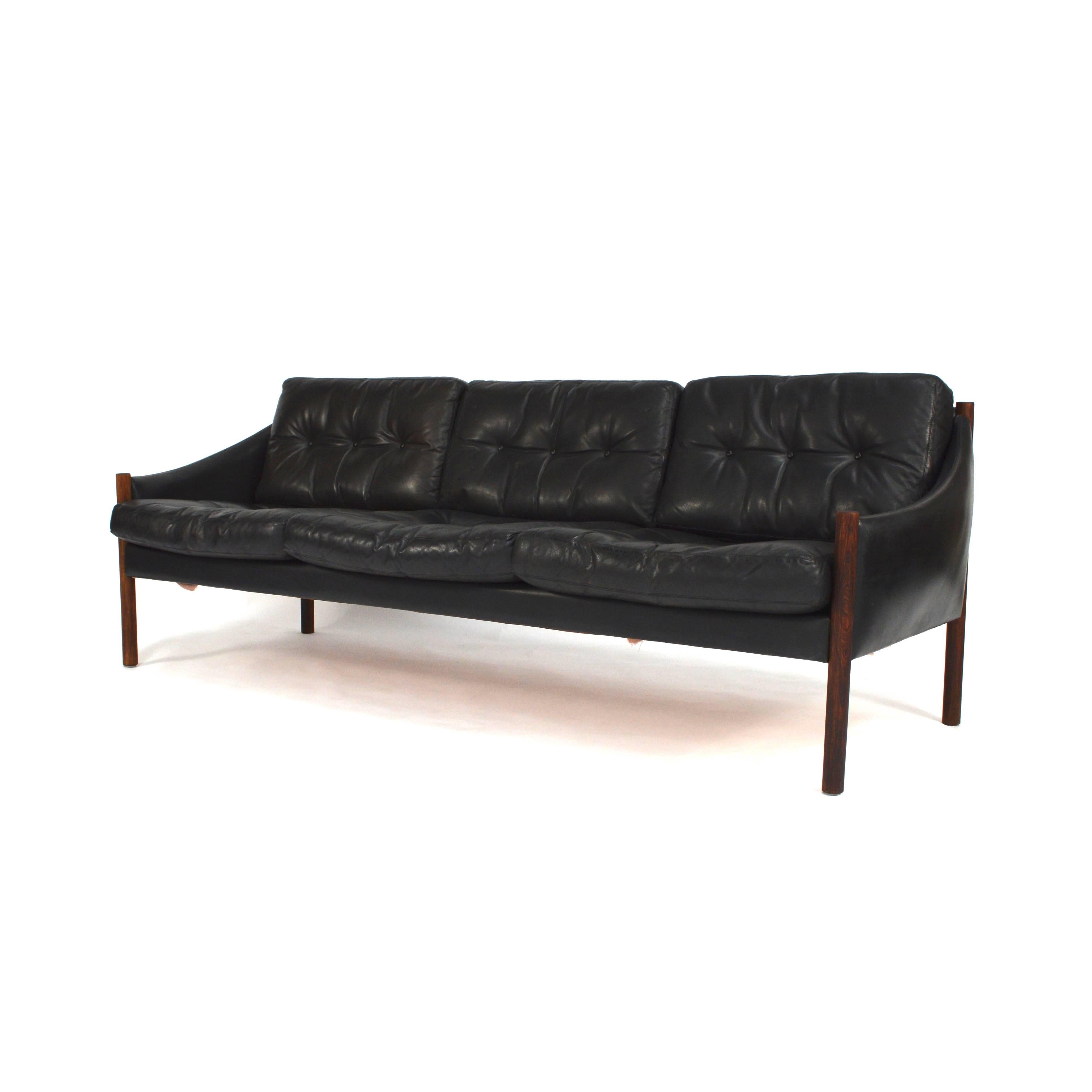 Swedish Arne Norell Attributed, Three-Seat Sofa in Black Leather and Rosewood, 1960s