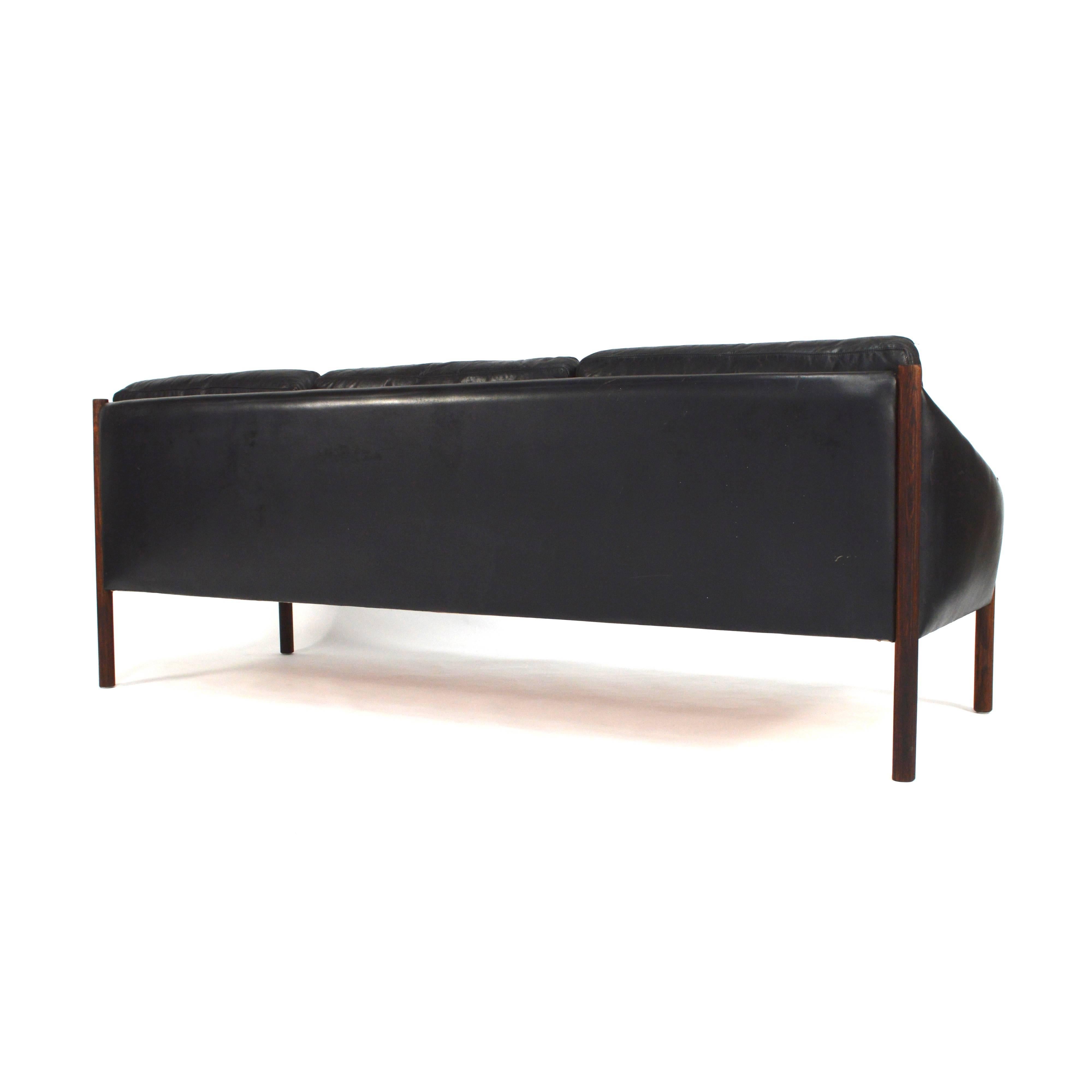 Arne Norell Attributed, Three-Seat Sofa in Black Leather and Rosewood, 1960s In Good Condition In Pijnacker, Zuid-Holland