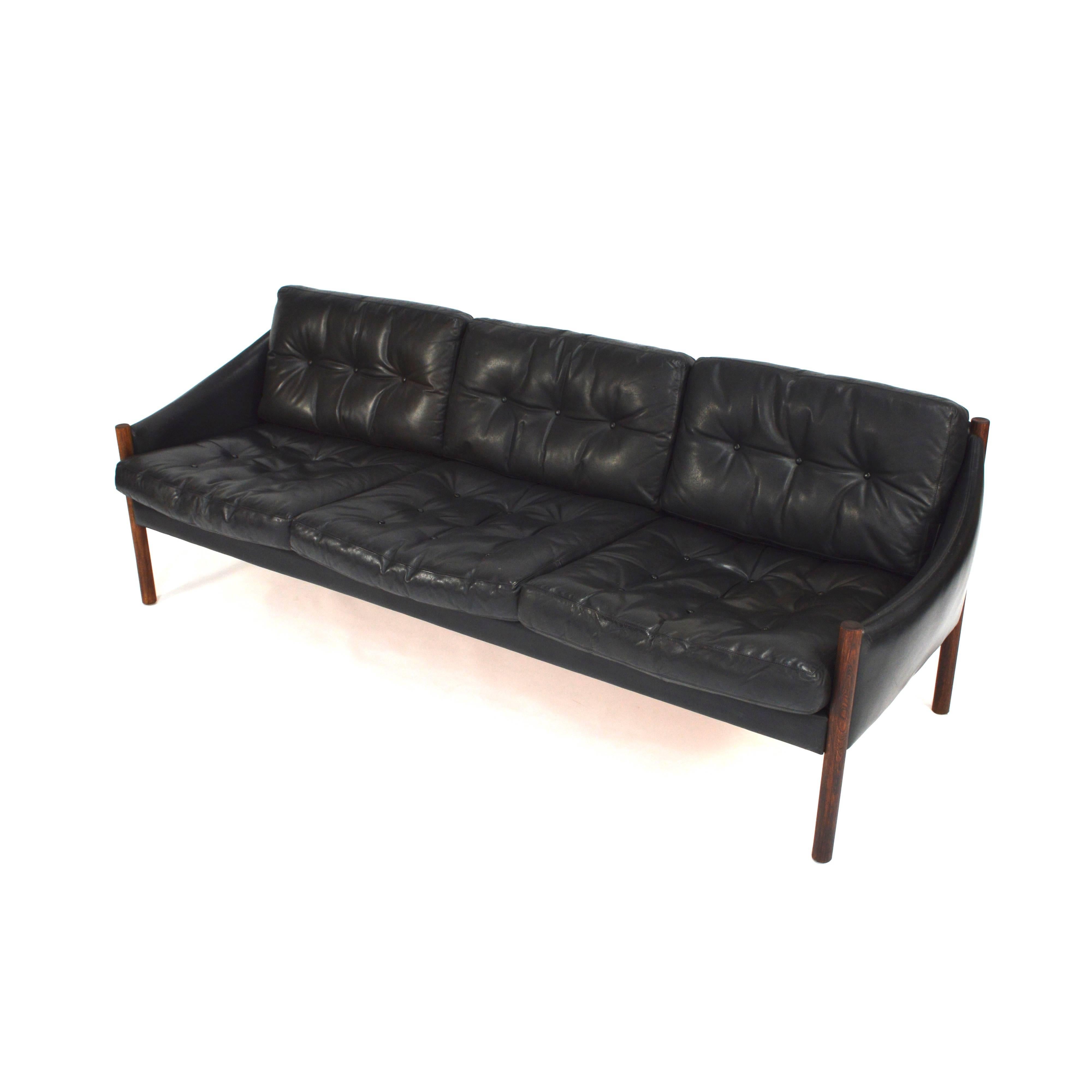 Scandinavian Modern Arne Norell Attributed, Three-Seat Sofa in Black Leather and Rosewood, 1960s