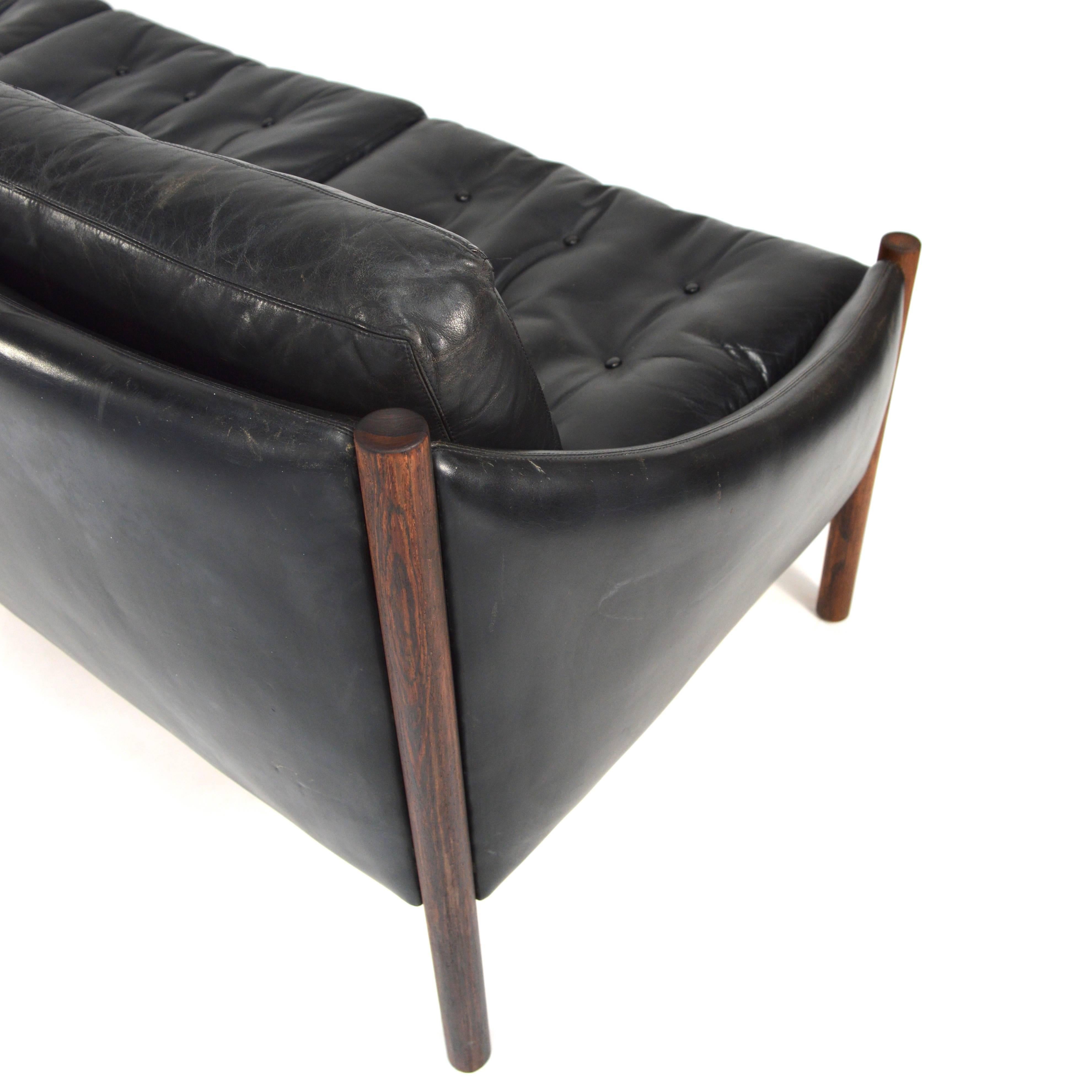 Arne Norell Attributed, Three-Seat Sofa in Black Leather and Rosewood, 1960s 2