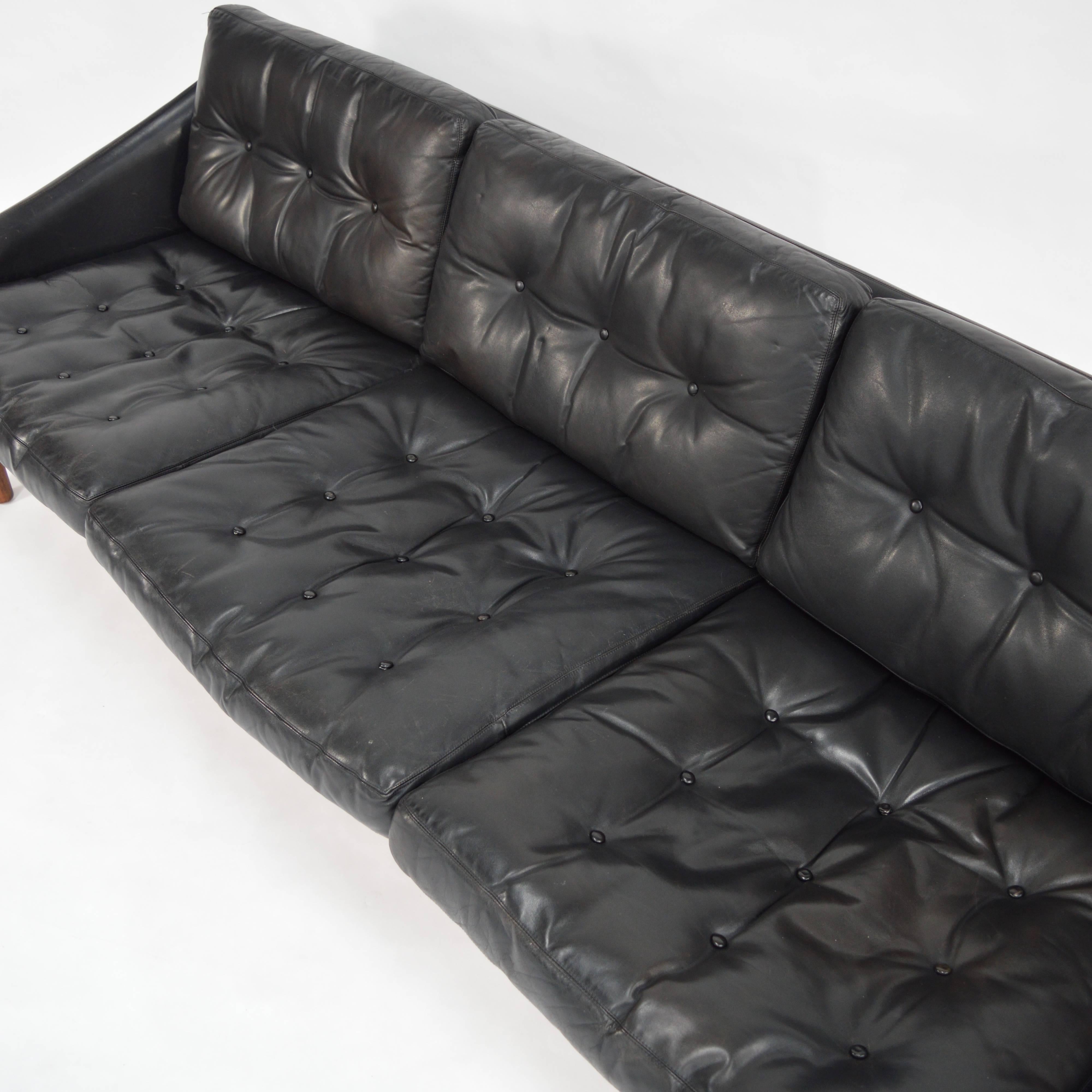 Mid-20th Century Arne Norell Attributed, Three-Seat Sofa in Black Leather and Rosewood, 1960s