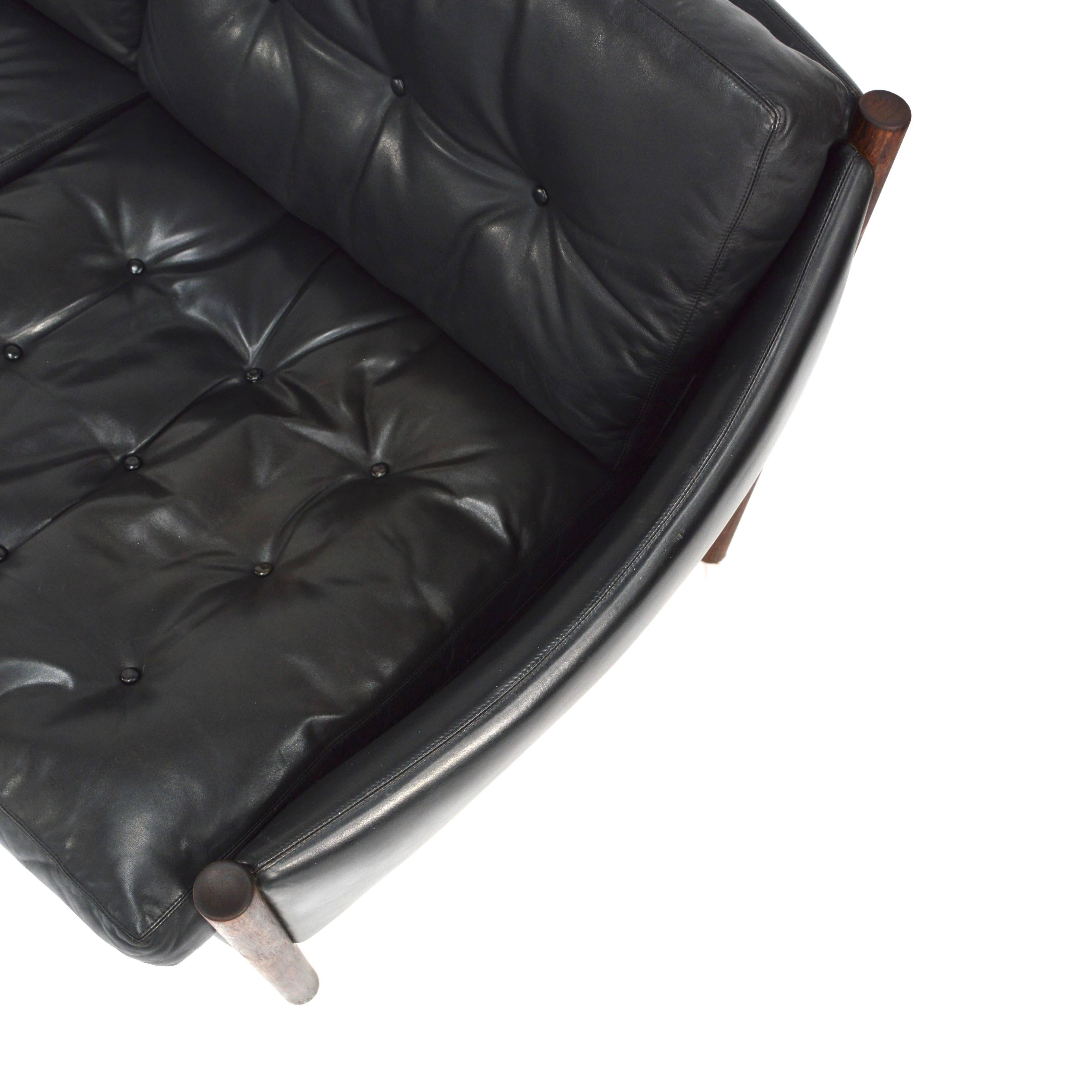 Arne Norell Attributed, Three-Seat Sofa in Black Leather and Rosewood, 1960s 4