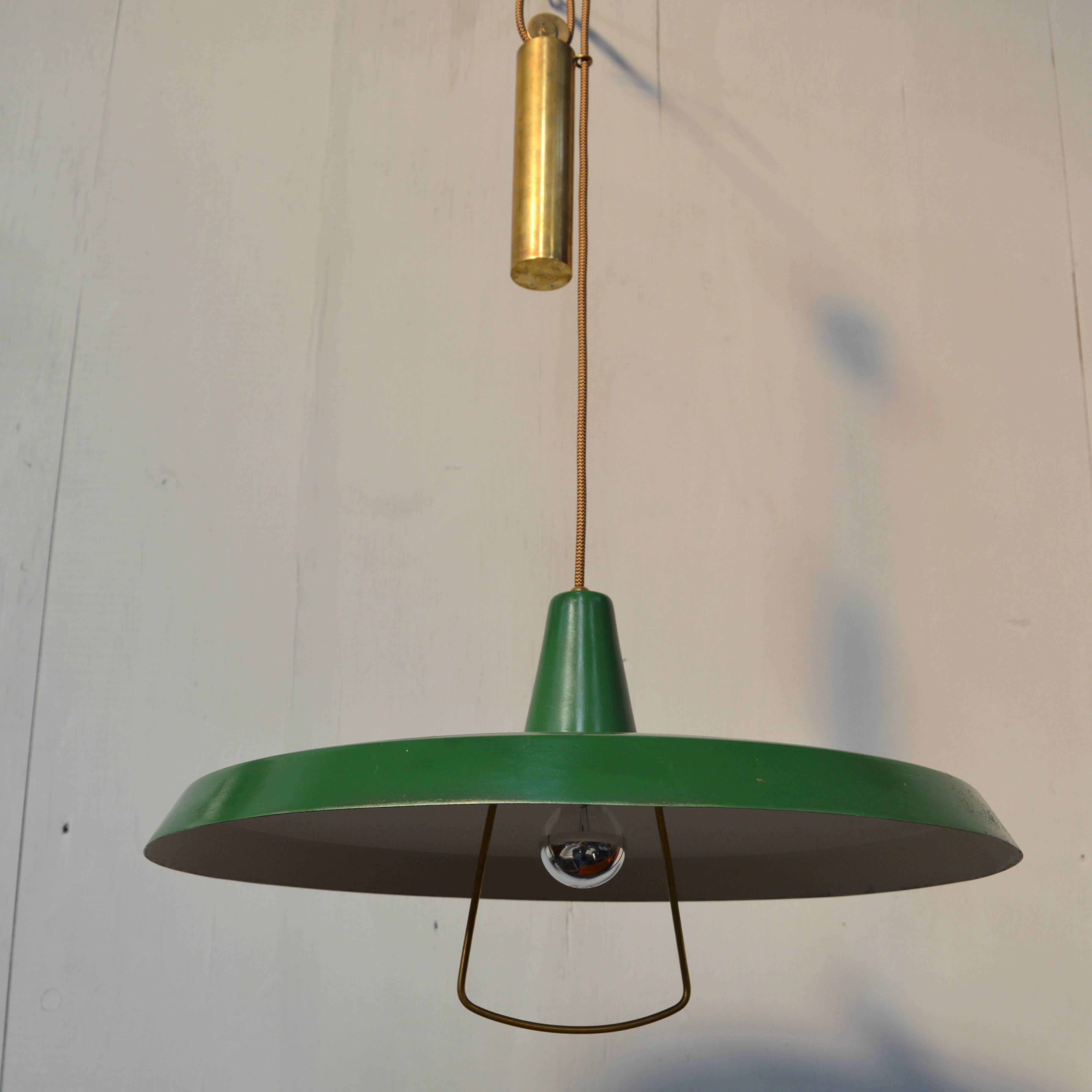 Enameled Stilnovo Pendant Counter Balance Ceiling Lamp, Italy, 1950s