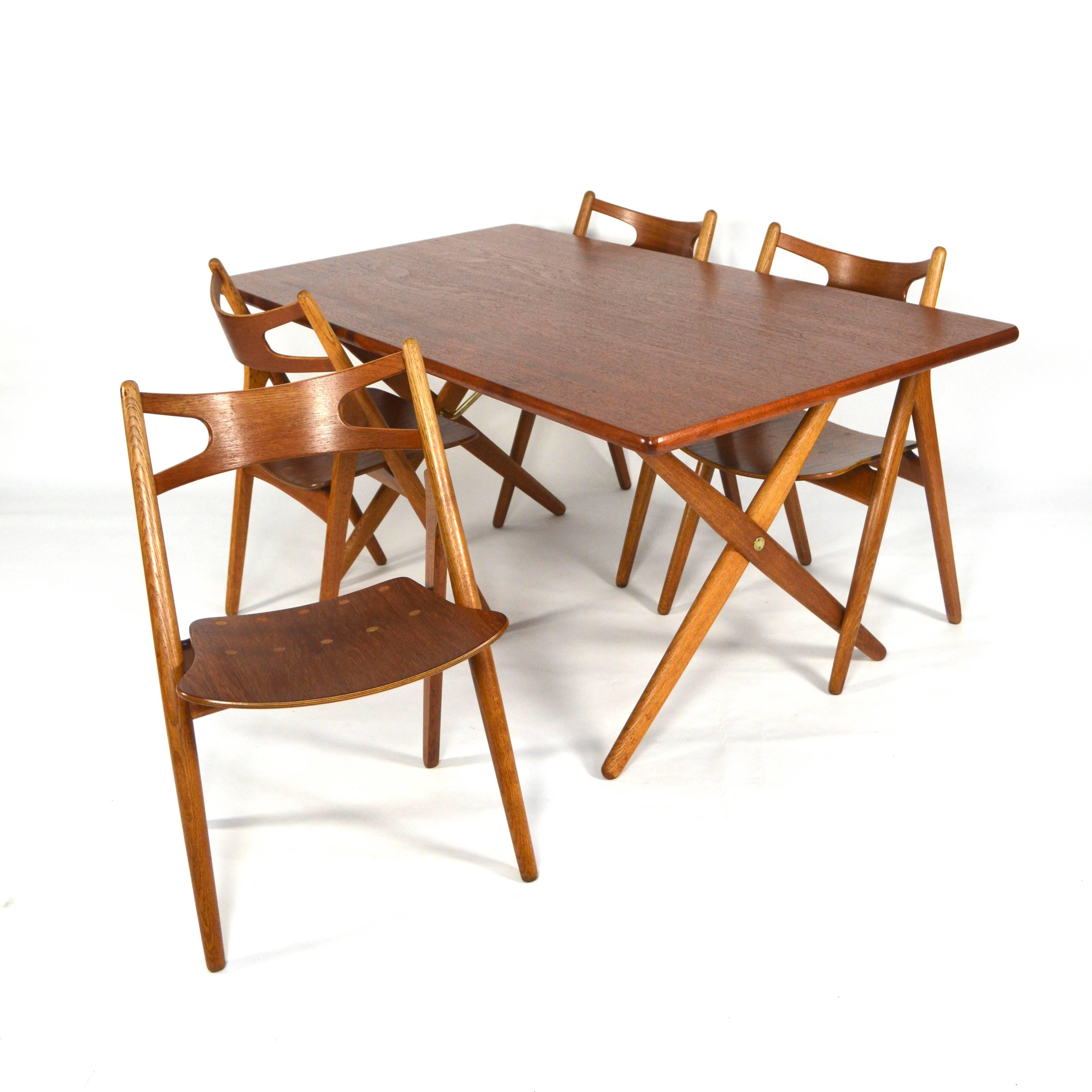 Danish Hans J. Wegner Dining Set Table AT303 and Sawbuck Chairs