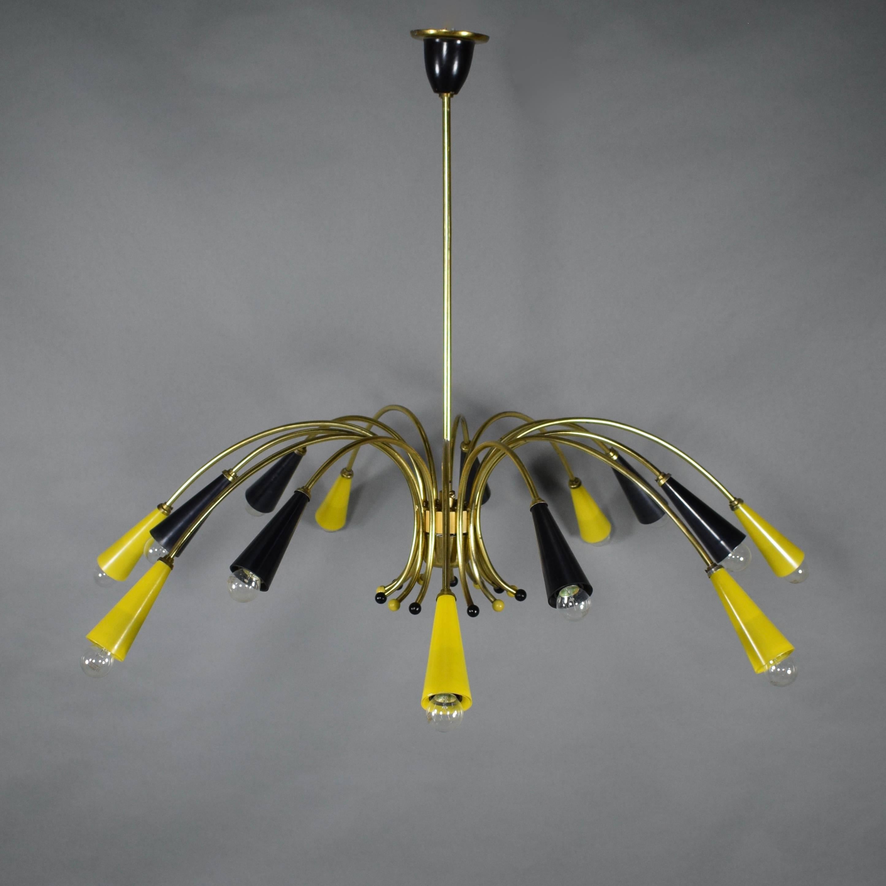 Mid-Century Modern Large Spider Chandelier in Brass and Colored Glass, 1950s